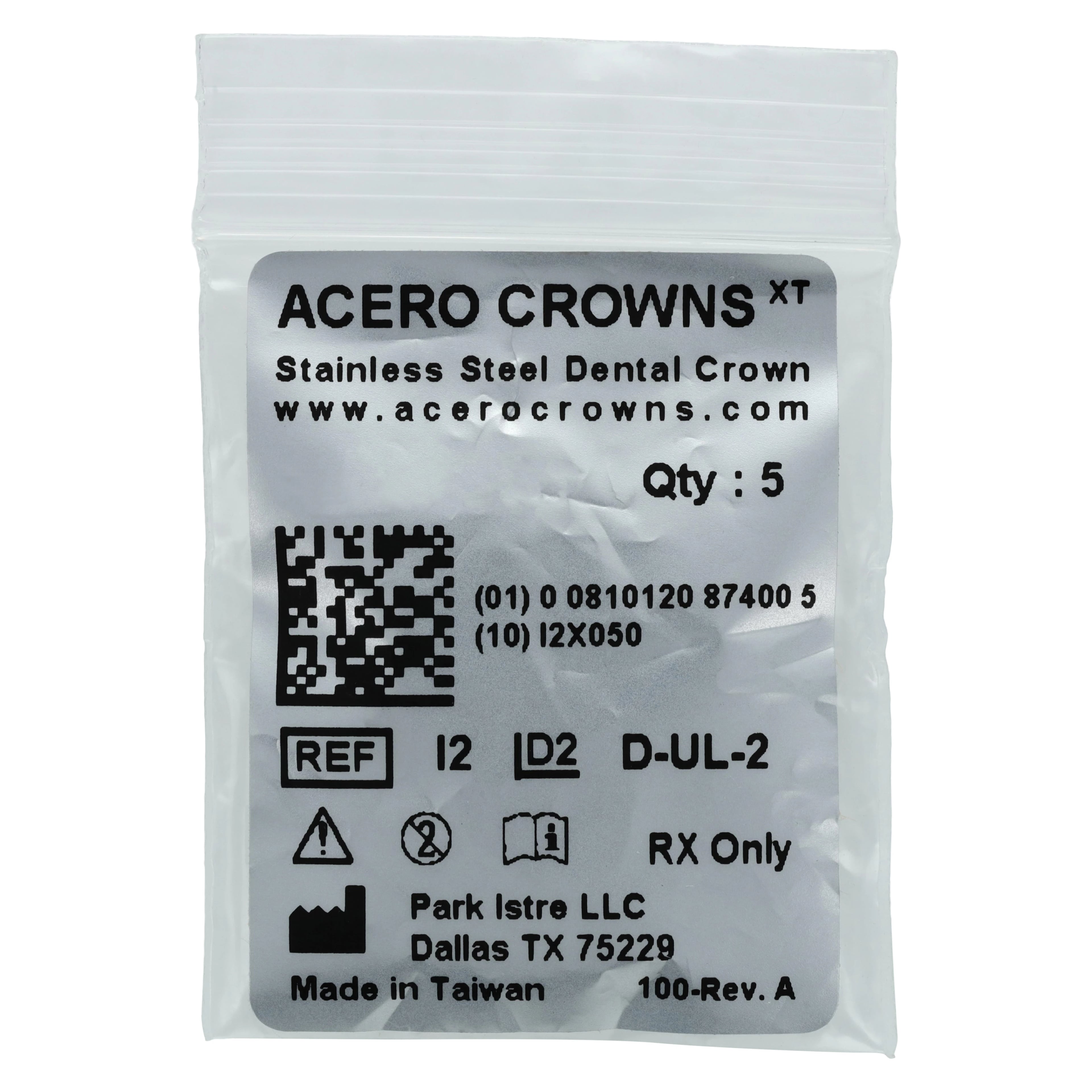 Acero XT Stainless Steel Crown, Upper Left Primary First Molar (I), Size 2, 5/Pack, D-UL-2