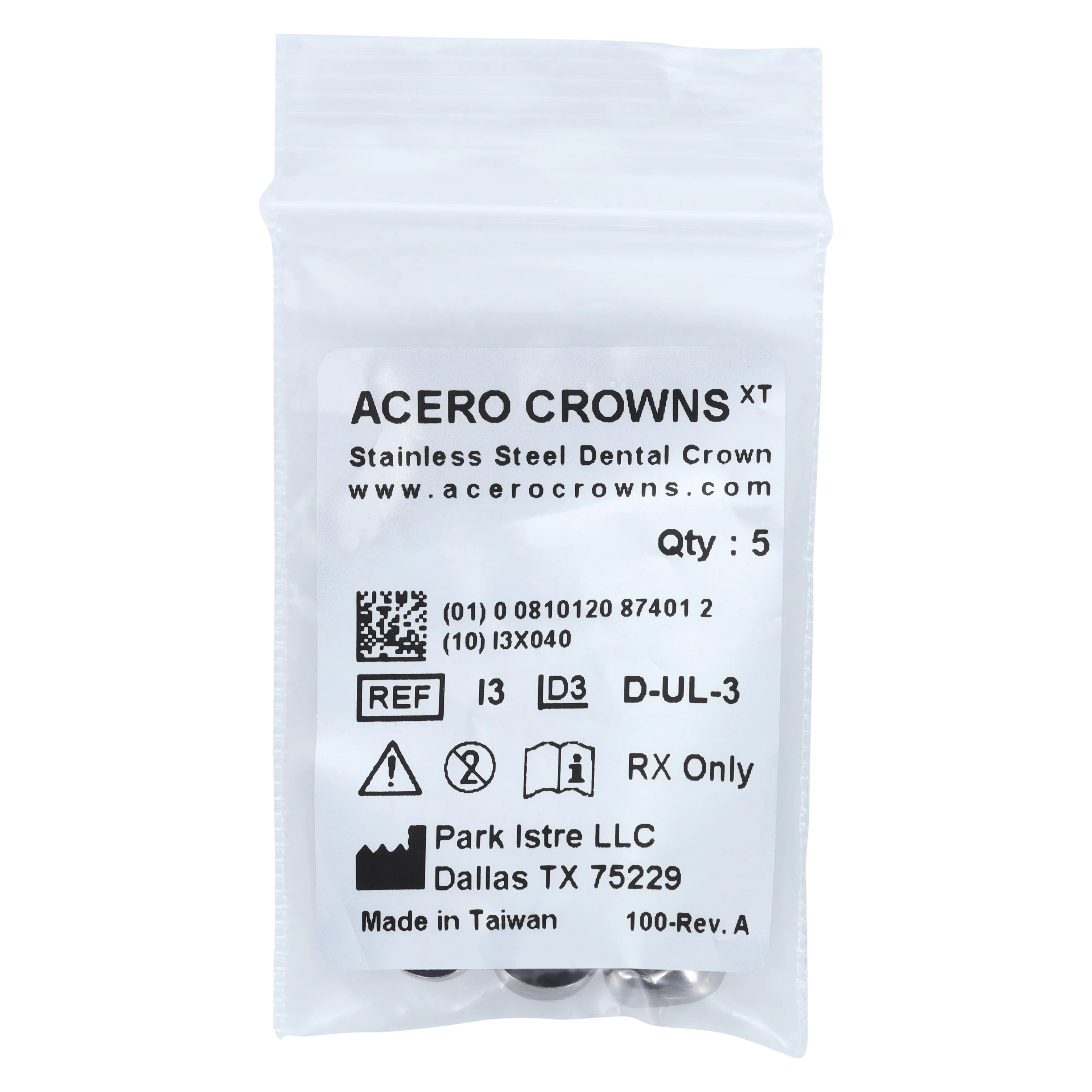 Acero XT Stainless Steel Crown, Upper Left Primary First Molar (I), Size 3, 5/Pack, D-UL-3