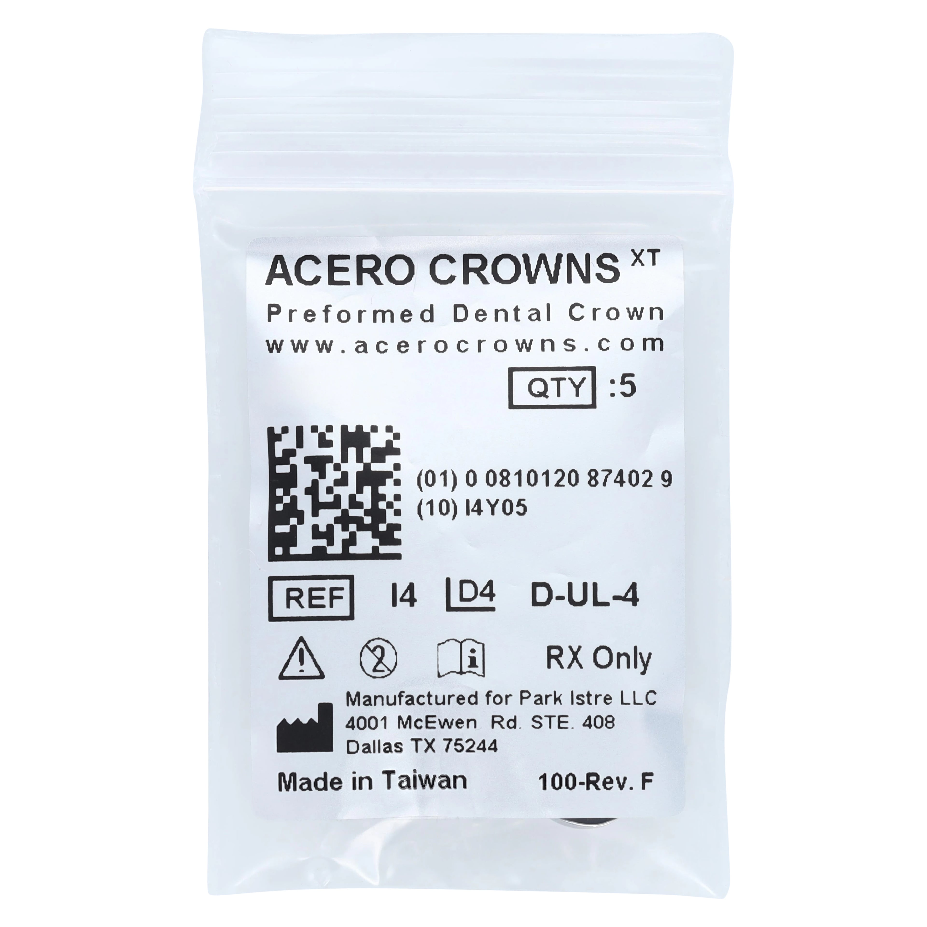 Acero XT Stainless Steel Crown, Upper Left Primary First Molar (I), Size 4, 5/Pack, D-UL-4