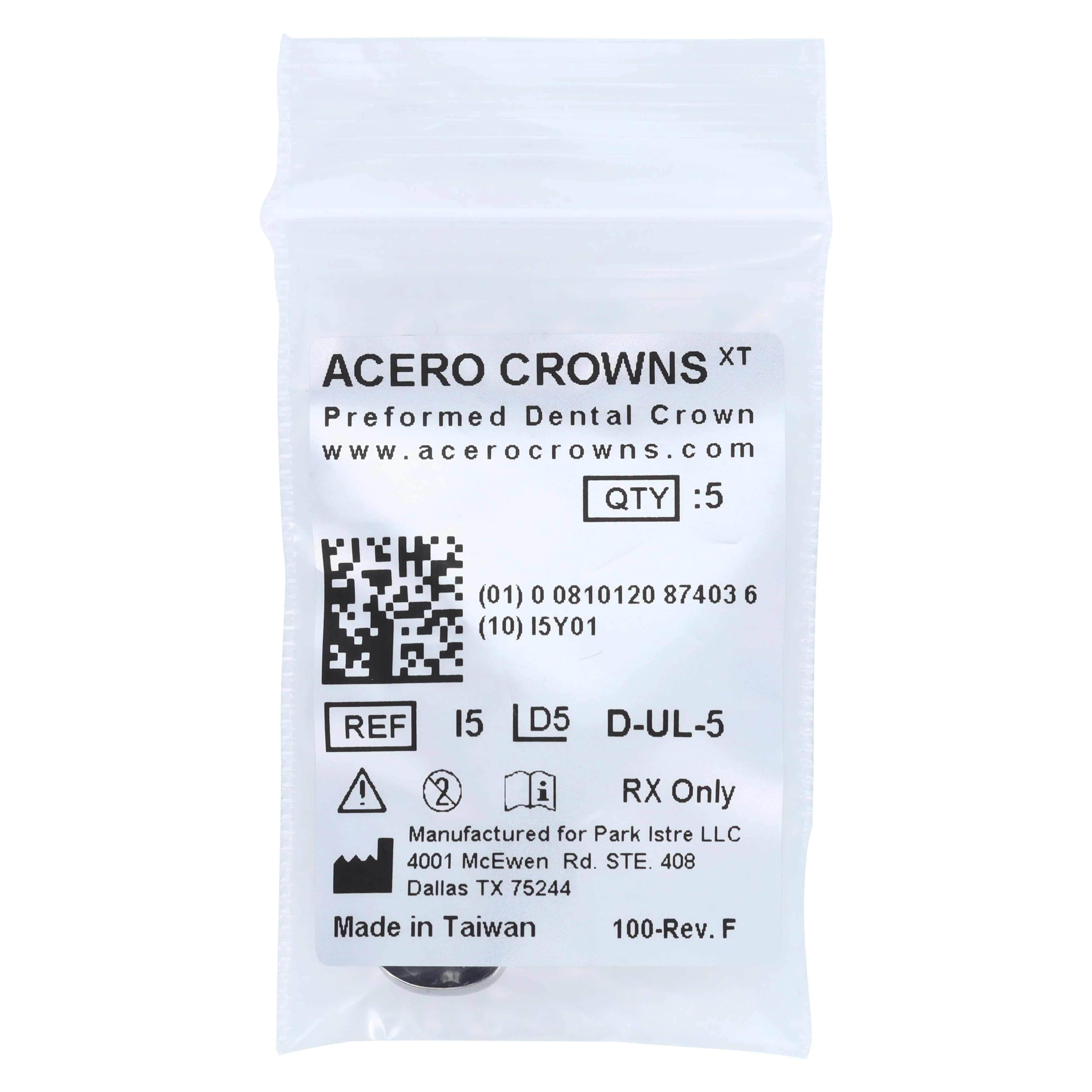 Acero XT Stainless Steel Crown, Upper Left Primary First Molar, Size 5, 5/Pack, D-UL-5