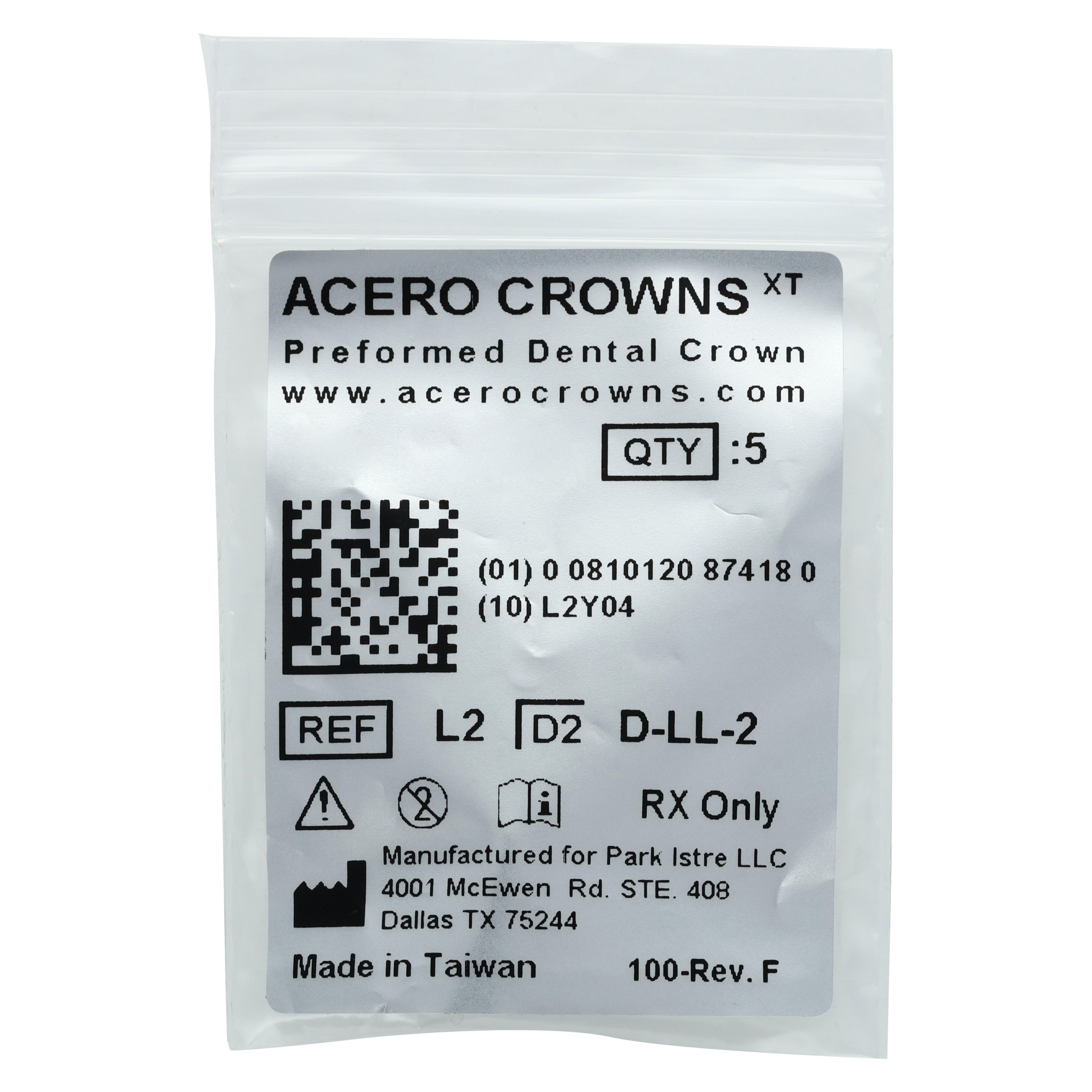Acero XT Stainless Steel Crown, Lower Left Primary First Molar, Size 2, 5/Pack (D-LL-2)