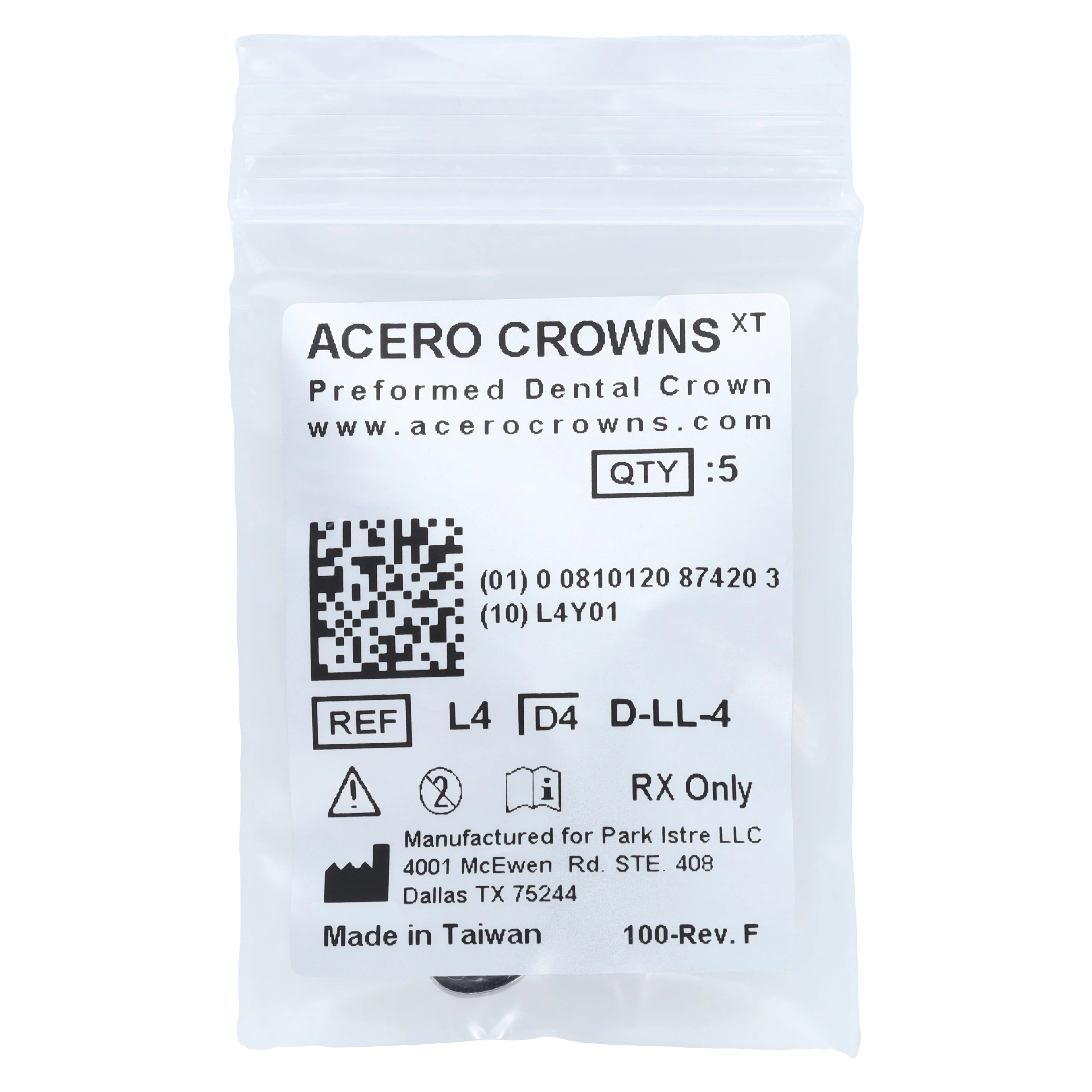 Acero XT Stainless Steel Crown, Lower Left Primary First Molar, Size 4, 5/Pack (XT L4)