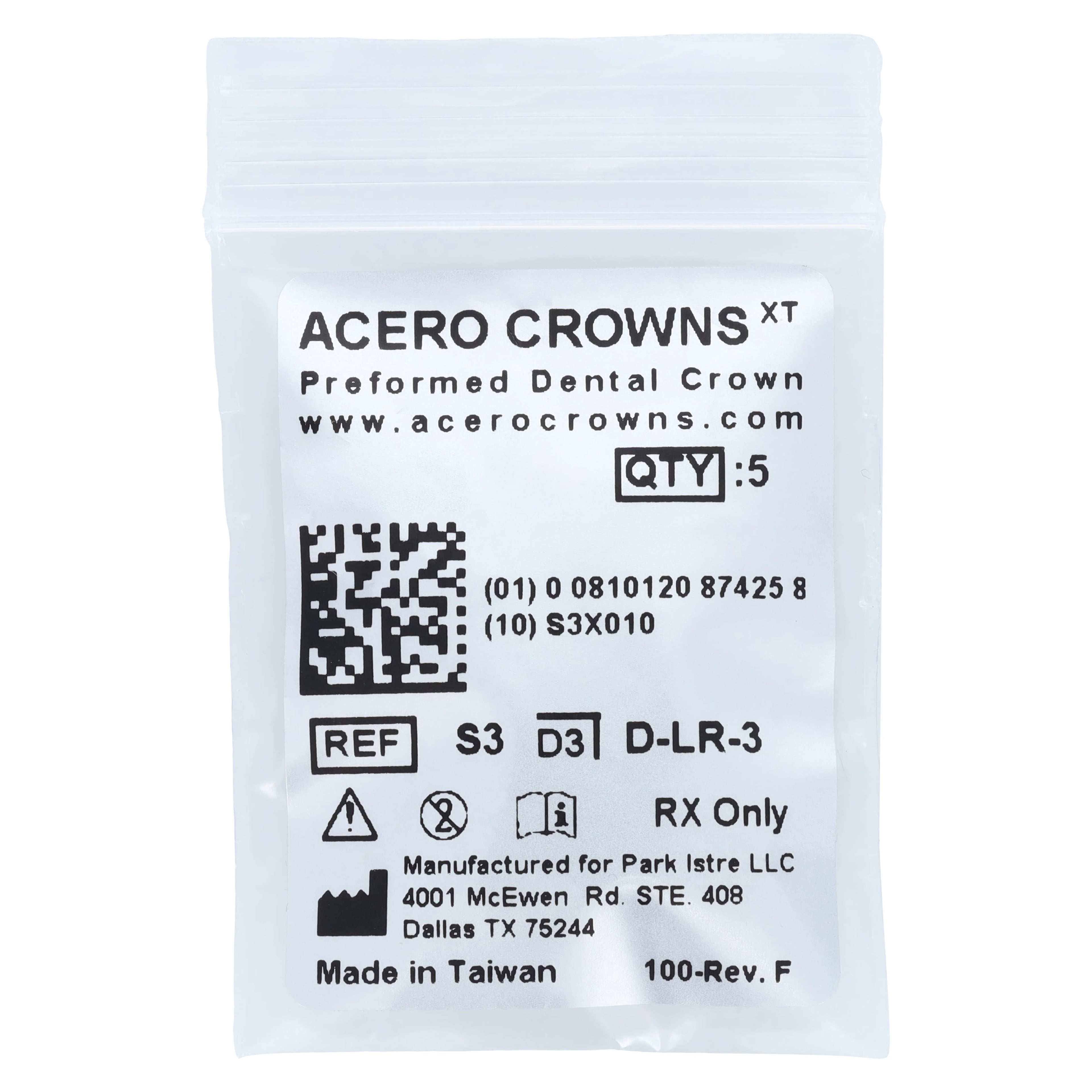 Acero XT Stainless Steel Crown, Lower Right Primary First Molar, Size 3, 5/Pack (D-LR-3)