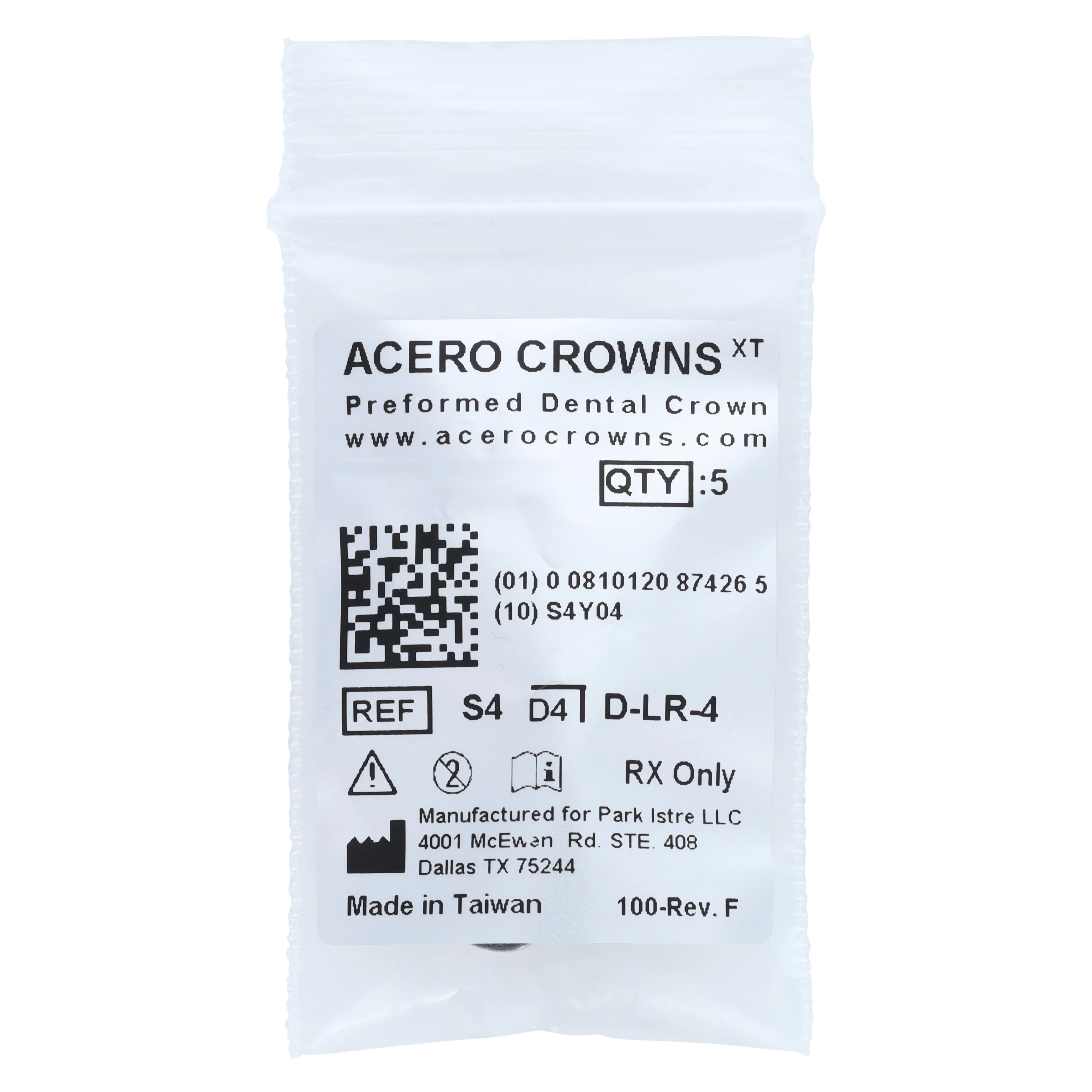 Acero XT Stainless Steel Crowns, Lower Right Primary First Molar, Size 4, 5/Pack (D-LR-4)