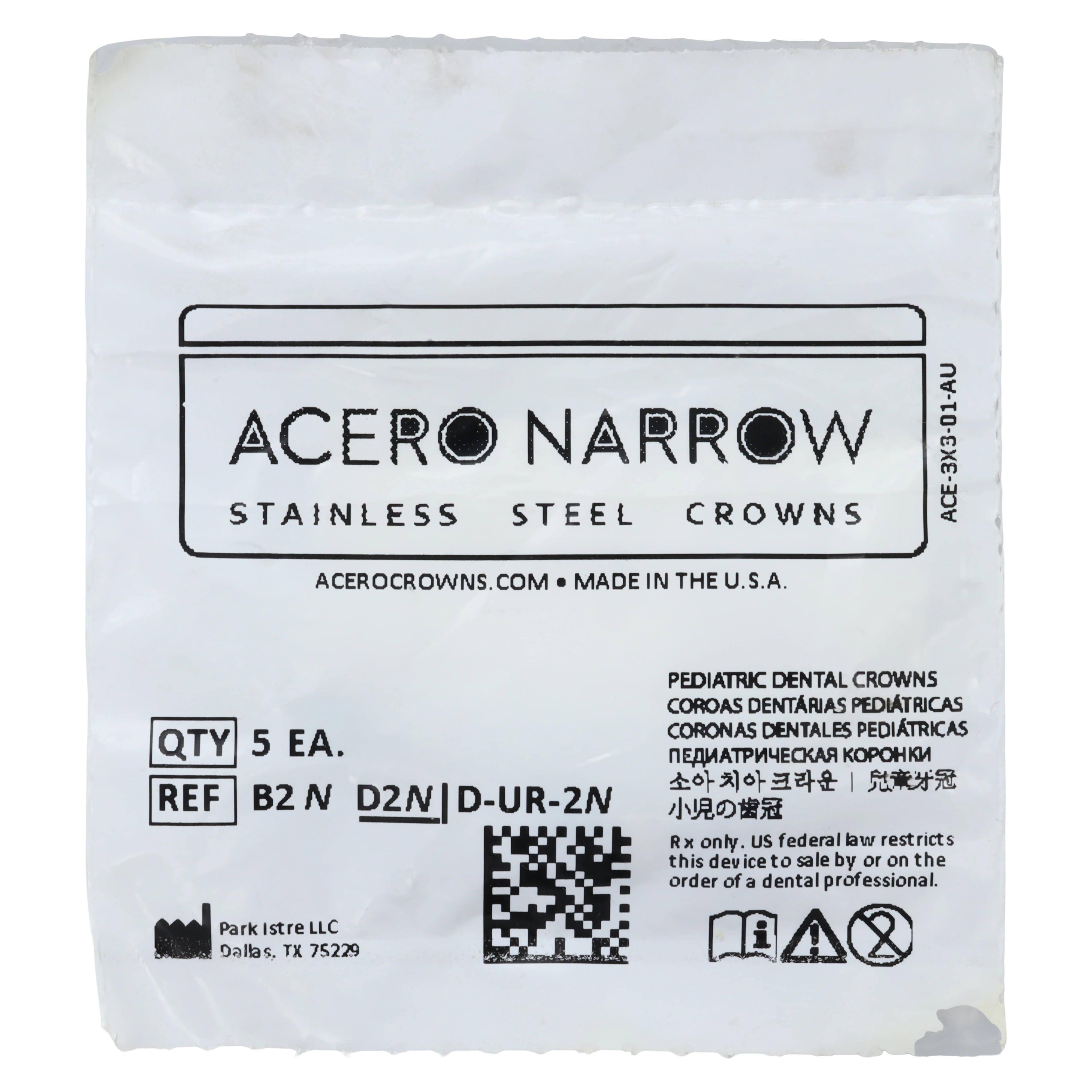 Acero Narrow Stainless Steel Crown, Upper Right Primary First Molar, Size 2 (B2), 5/Pack