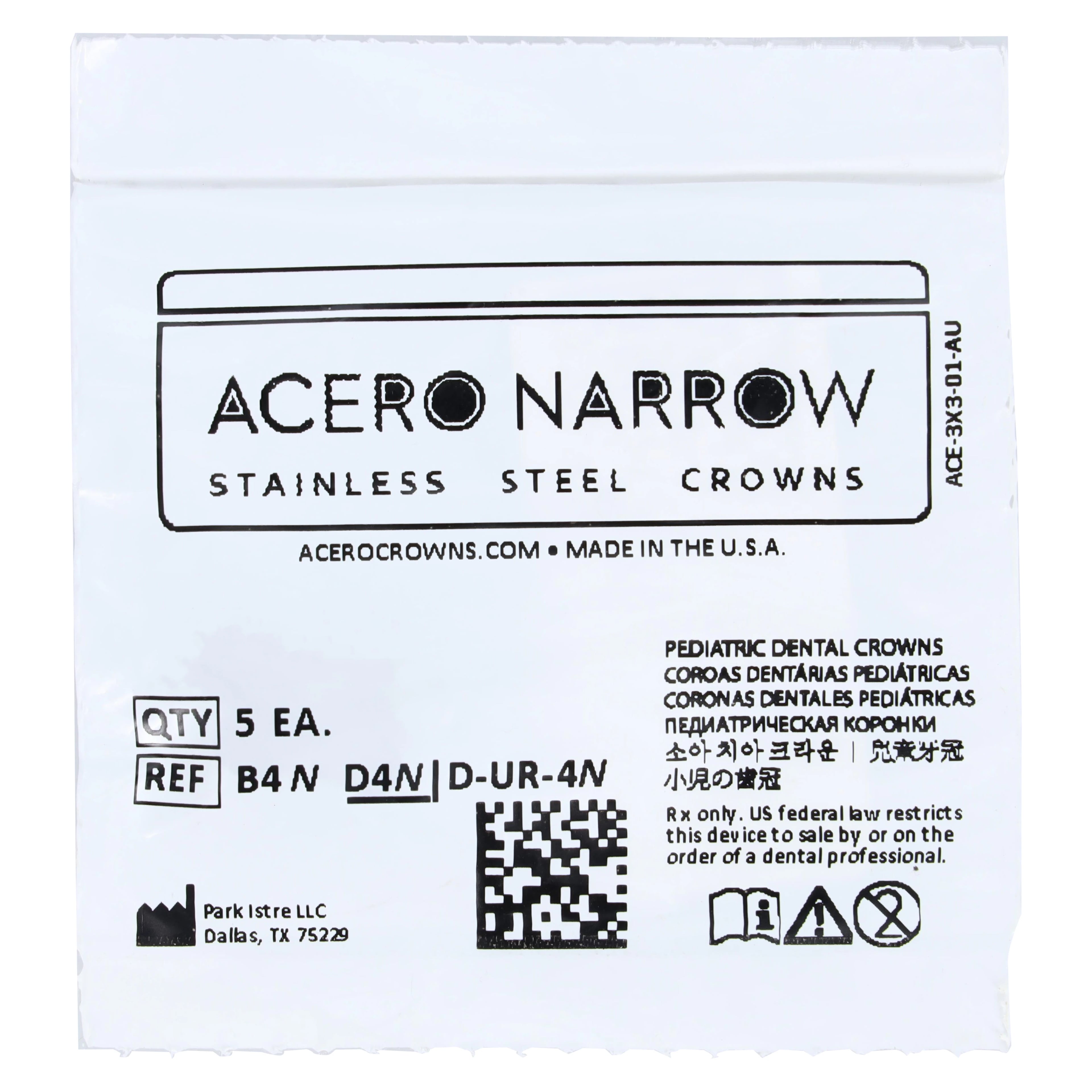Acero Narrow Stainless Steel Crown, Upper Right Primary First Molar, Size 4, 5/Pack, B4