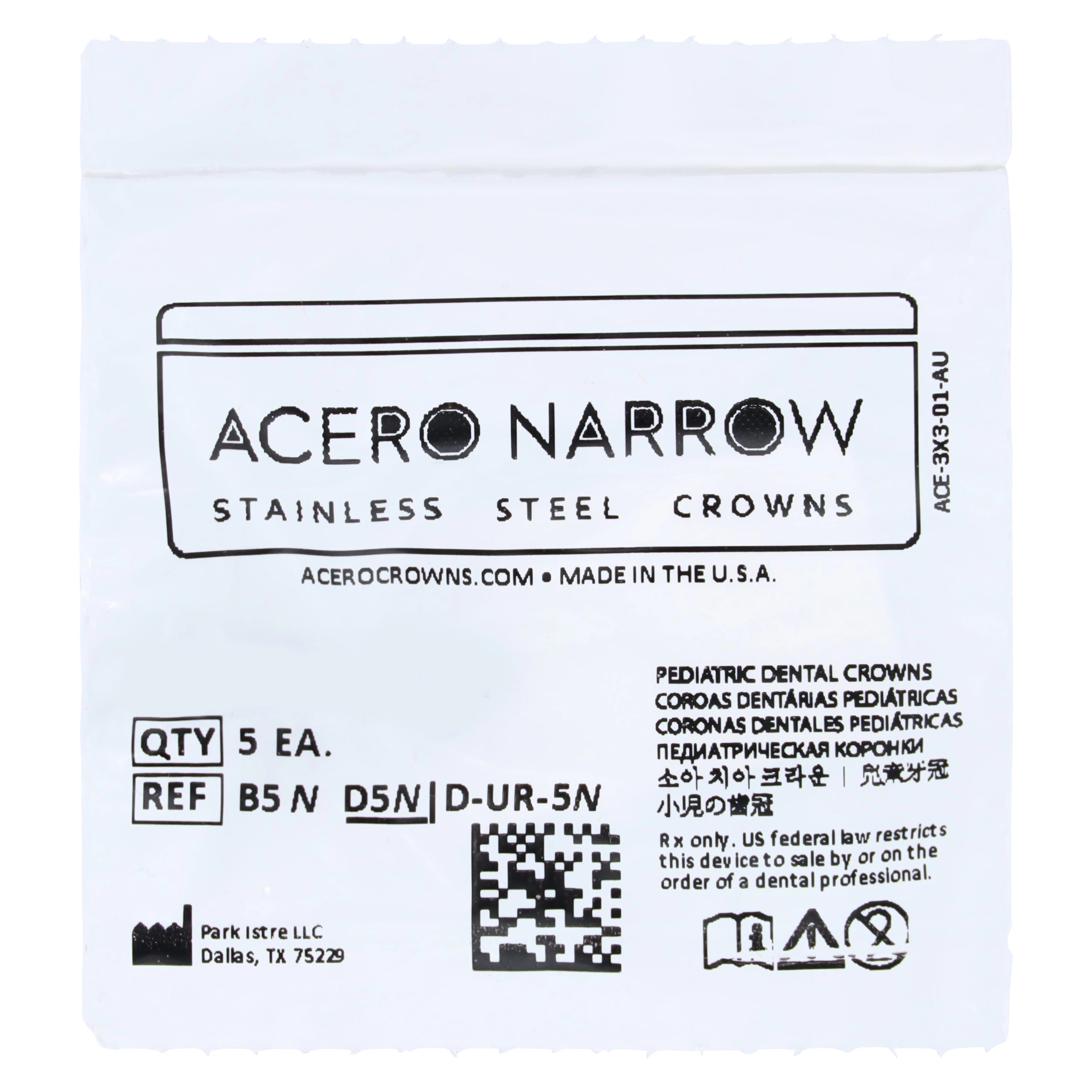 Acero Narrow Stainless Steel Crown, Upper Right Primary First Molar, Size 5 (B5), 5/Pack