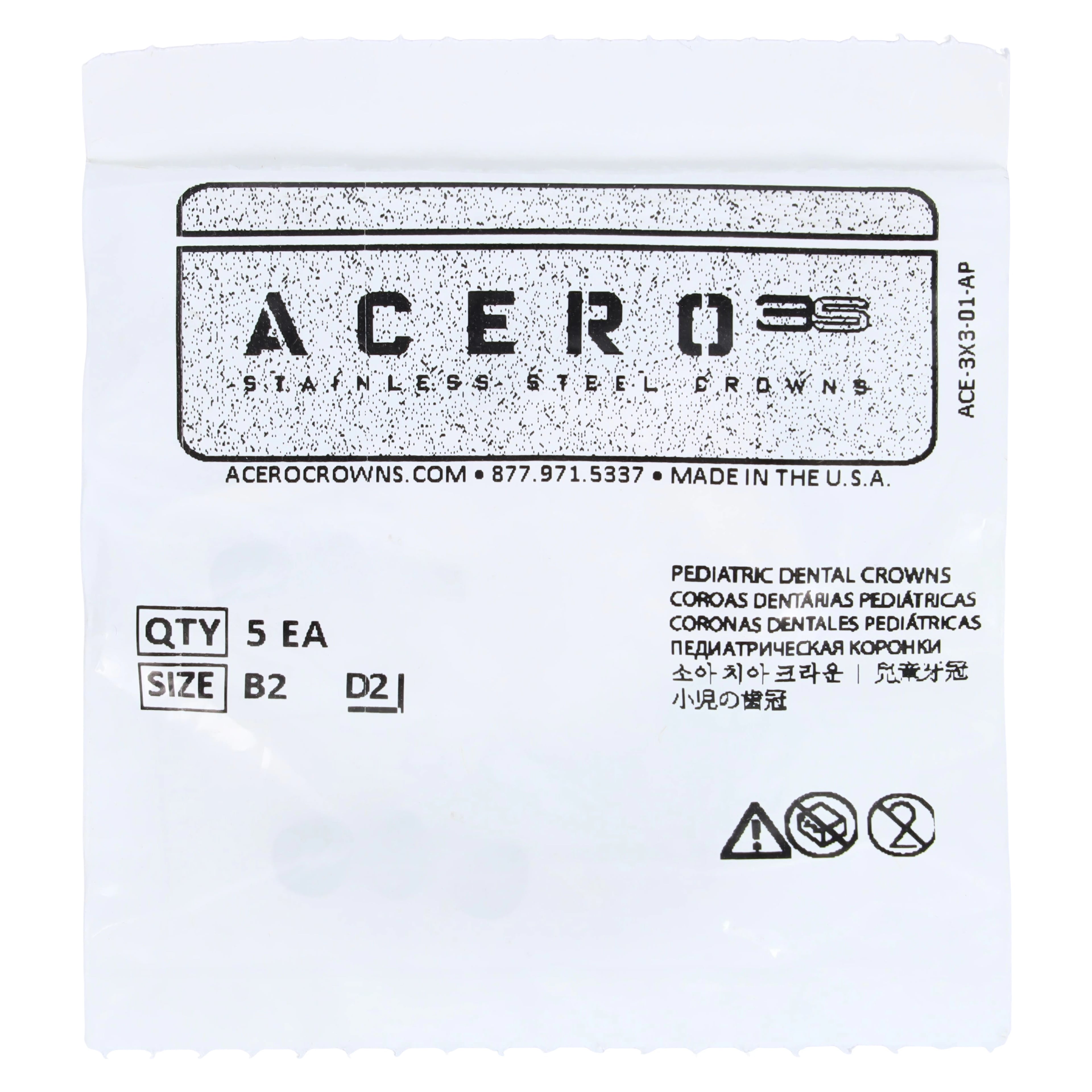 Acero 3S Primary Molar Stainless Steel Crown, Upper Right First Molar (Tooth B), Size 2, 5/Pack