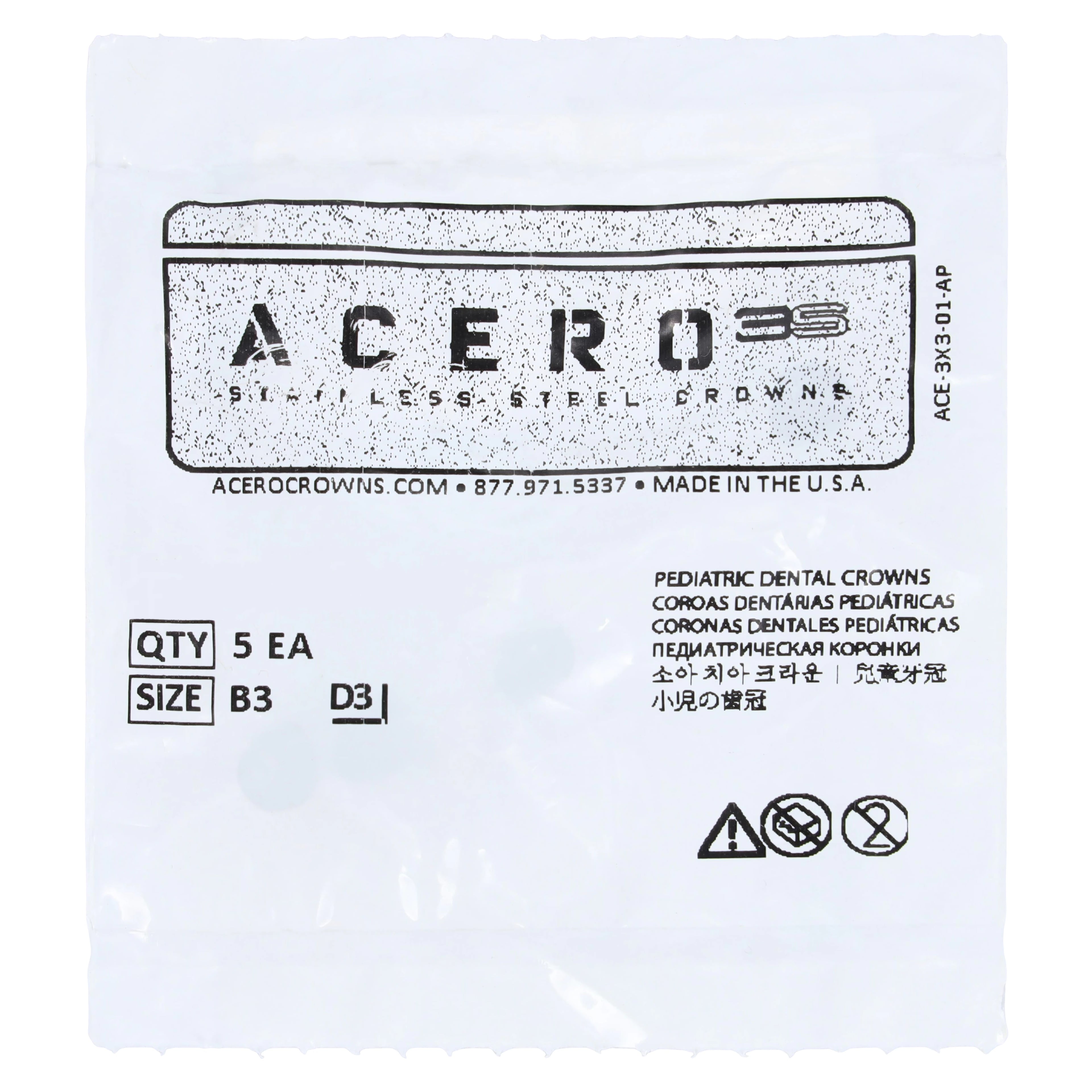 Acero 3S Stainless Steel Primary Molar Crown, Upper Right First Molar (B), Size 3, 5/Pack