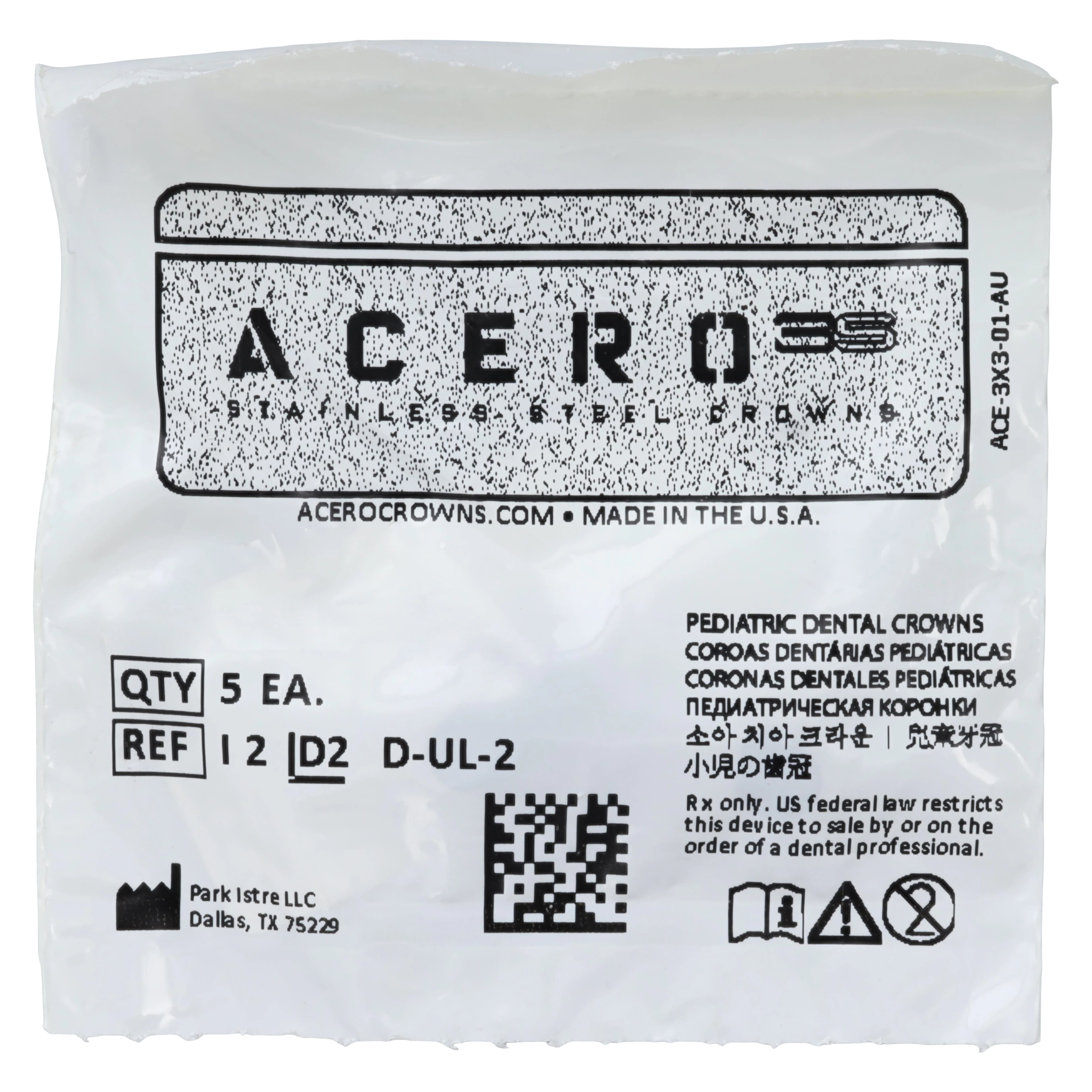 Acero 3S Stainless Steel Primary Molar Crown, Upper Left First Molar (I), Size 2, 5/Pack