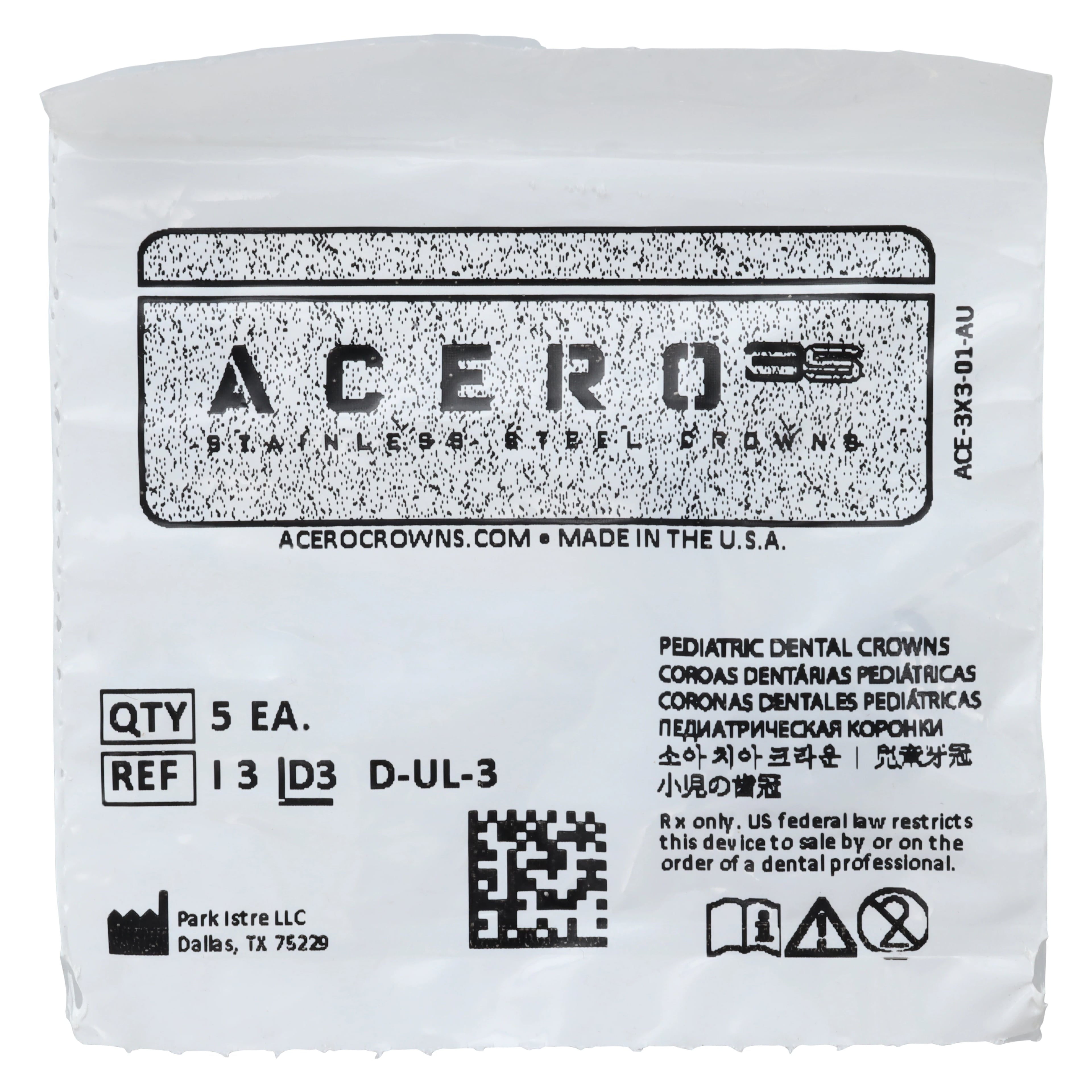 Acero 3S Stainless Steel Primary Molar Crown, Upper Left First Molar (I), Size 3, 5/Pack
