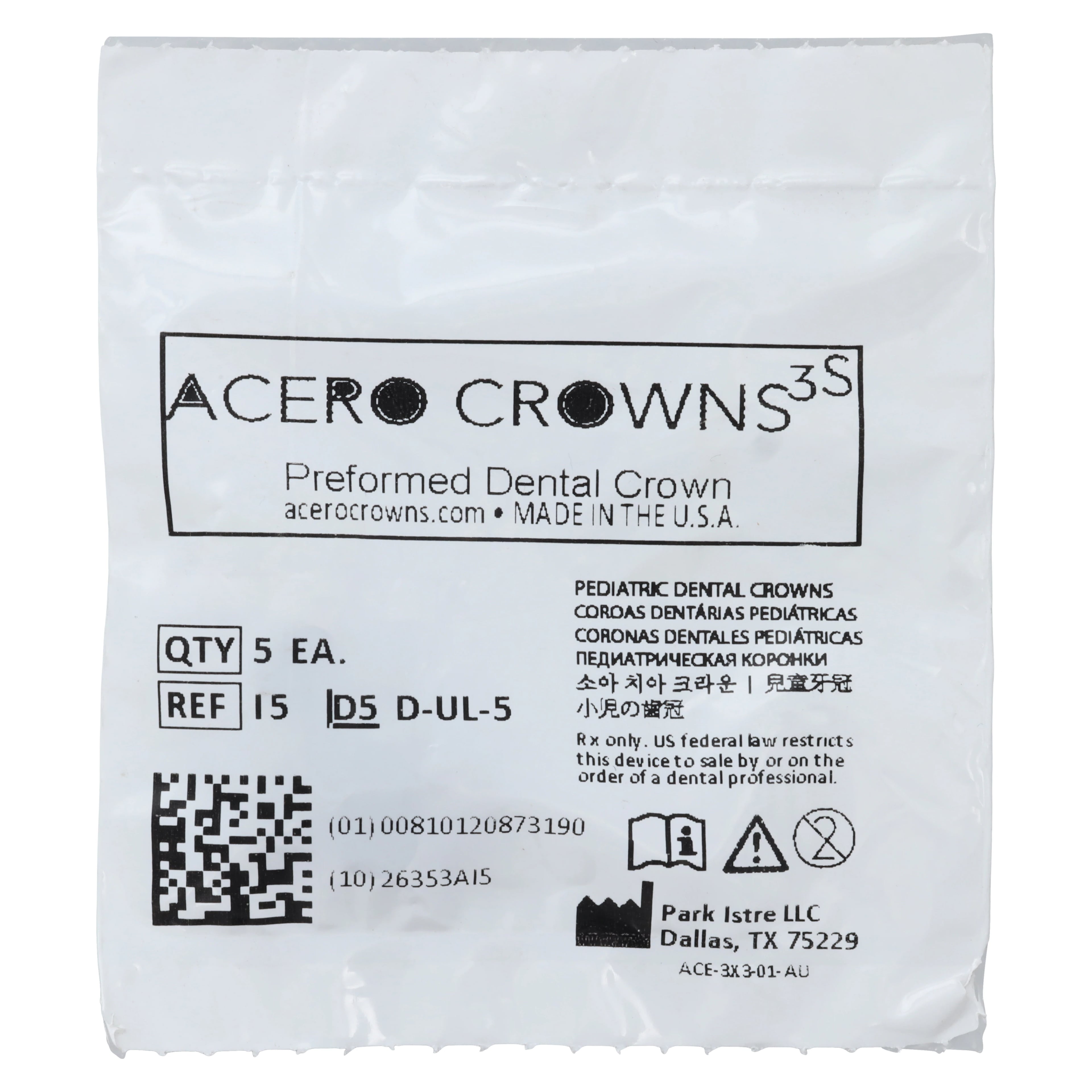 Acero 3S Primary Molar Stainless Steel Crown, Upper Left First Molar "I", Size 5, 5/Pack, 3S I5