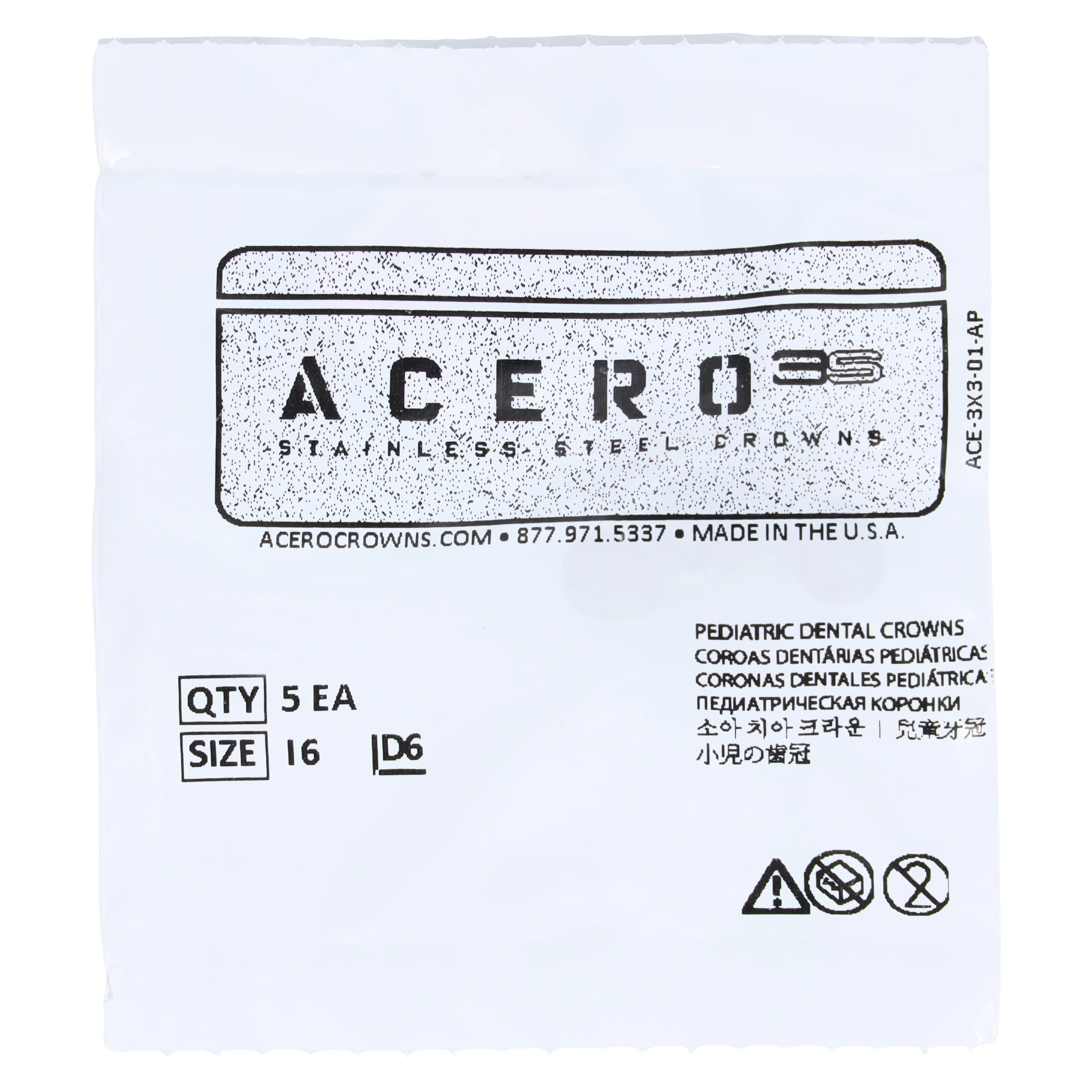 Acero 3S Primary Molar Stainless Steel Crown, Upper Left First Molar "I", Size 6, 5/Pack