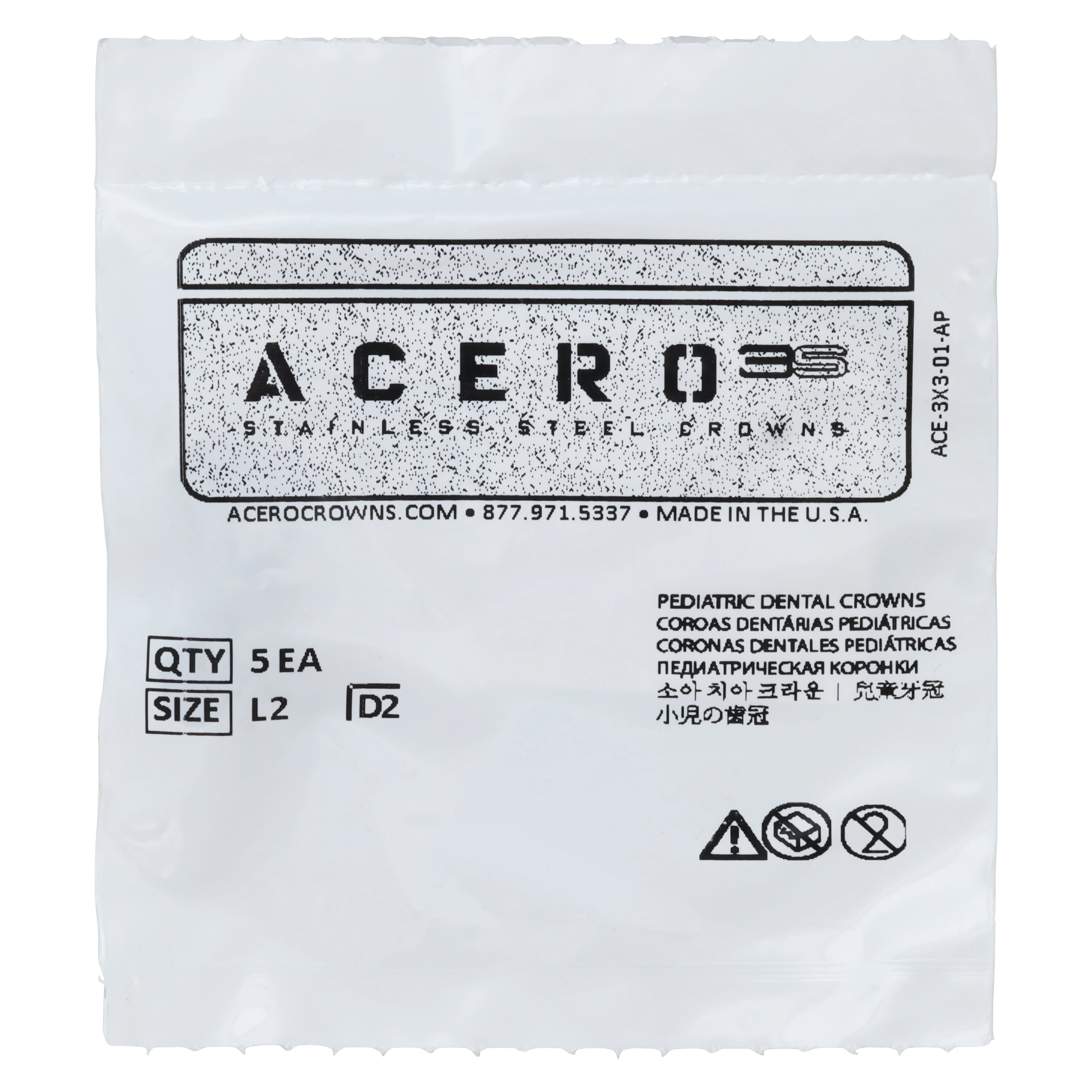 Acero 3S Primary Molar Stainless Steel Crown, Lower Left First Molar "L", Size 2, 5/Pack