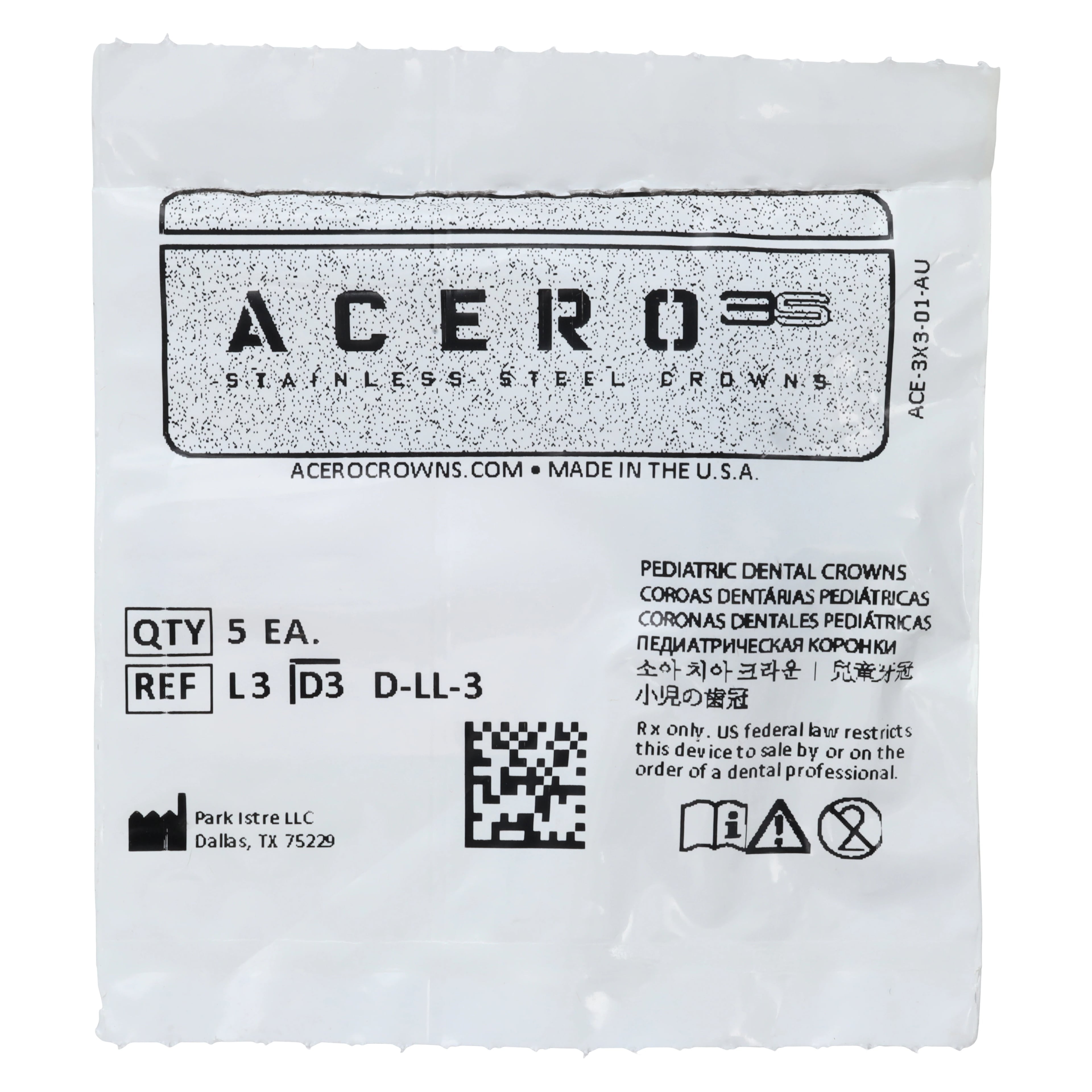 Acero 3S Stainless Steel Primary First Molar Crown, Lower Left, Size 3, 5/Pack (3S L3)