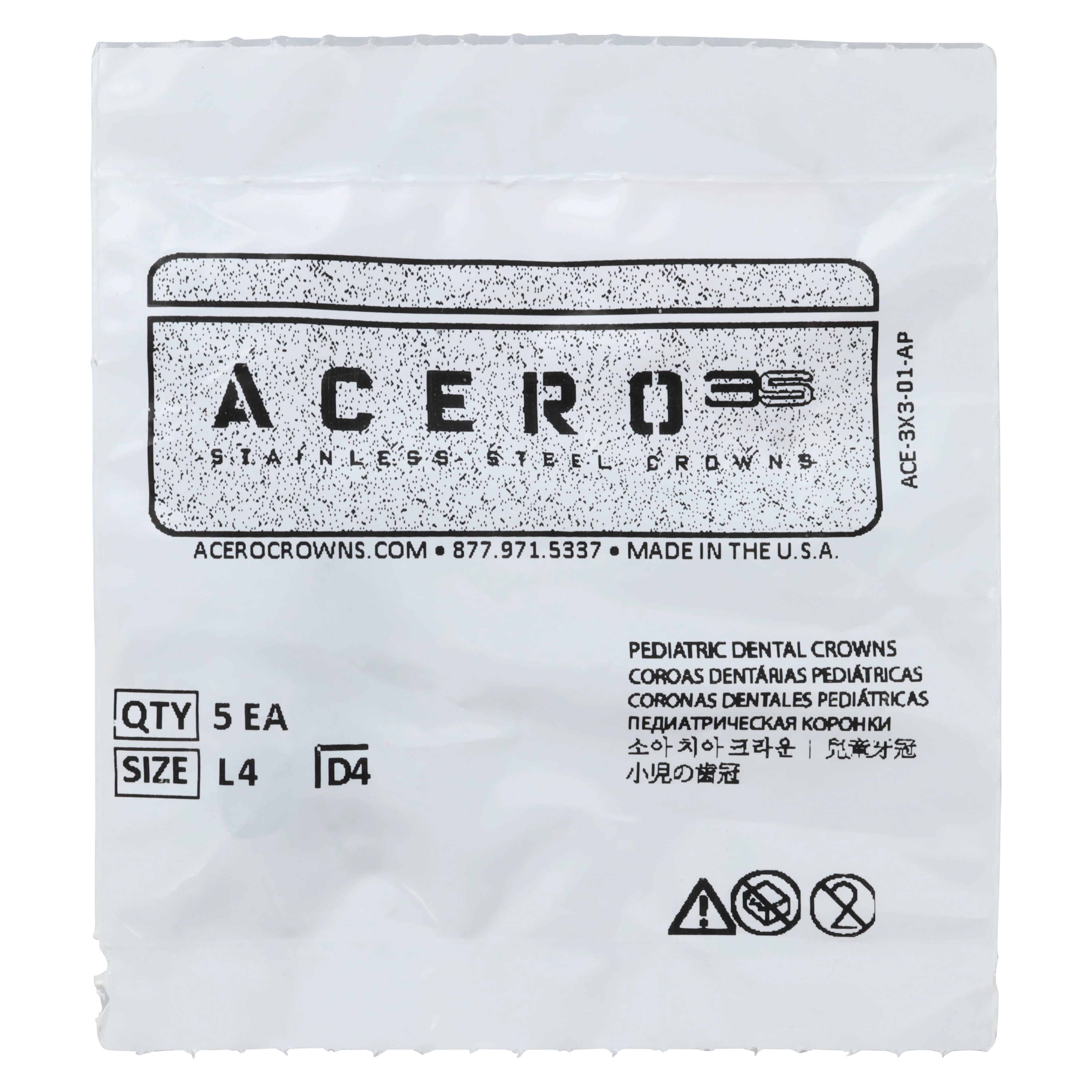 Acero 3S Stainless Steel Primary First Molar Crown, Lower Left, Size 4, 5/Pack, 3S L4