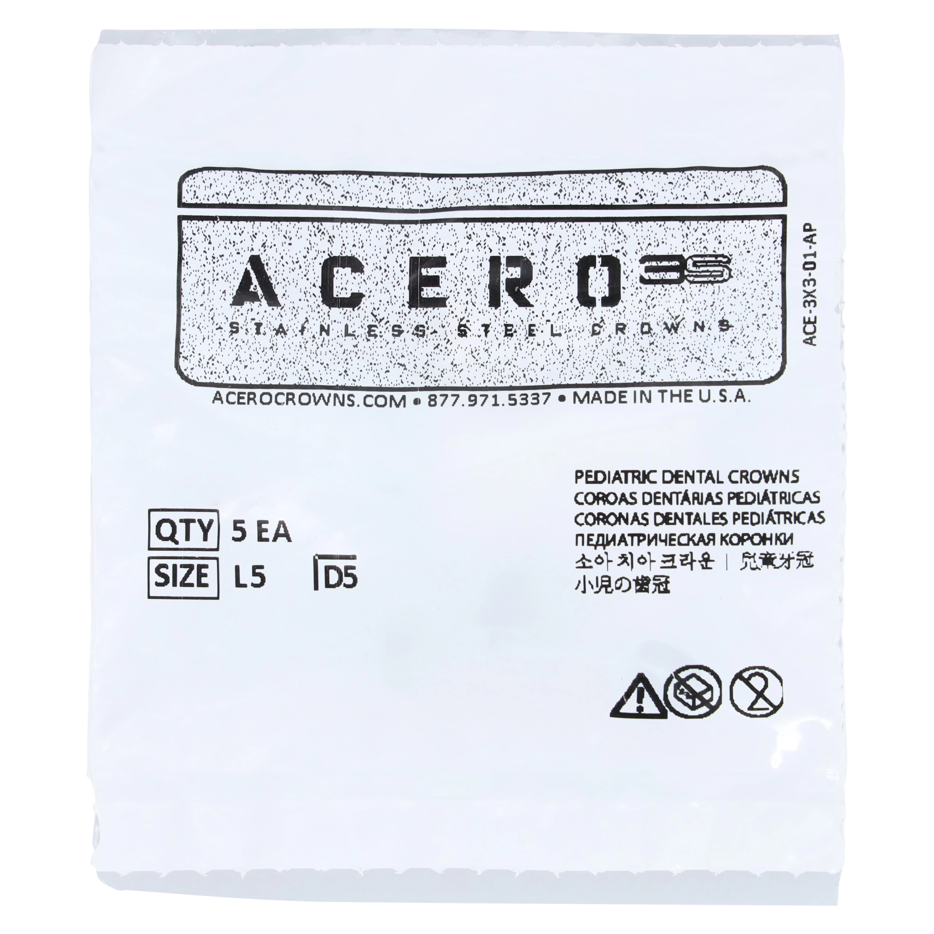 Acero 3S Primary Molar Stainless Steel Crown, Lower Left First Molar "L", Size 5, 5/Pack, 3S L5