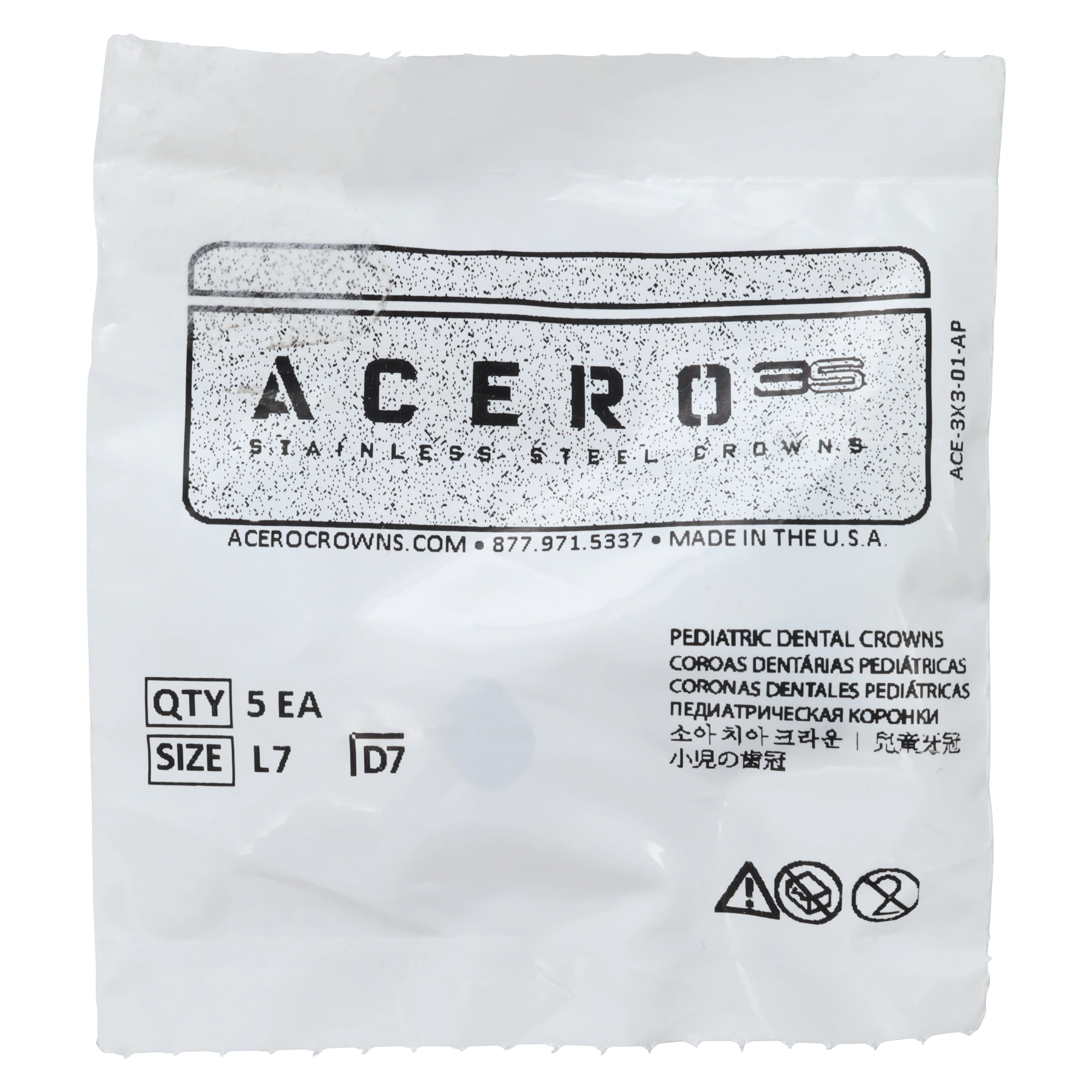 Acero 3S Primary Molar Stainless Steel Crown, Lower Left First Molar "L", Size 7, 5/Pack