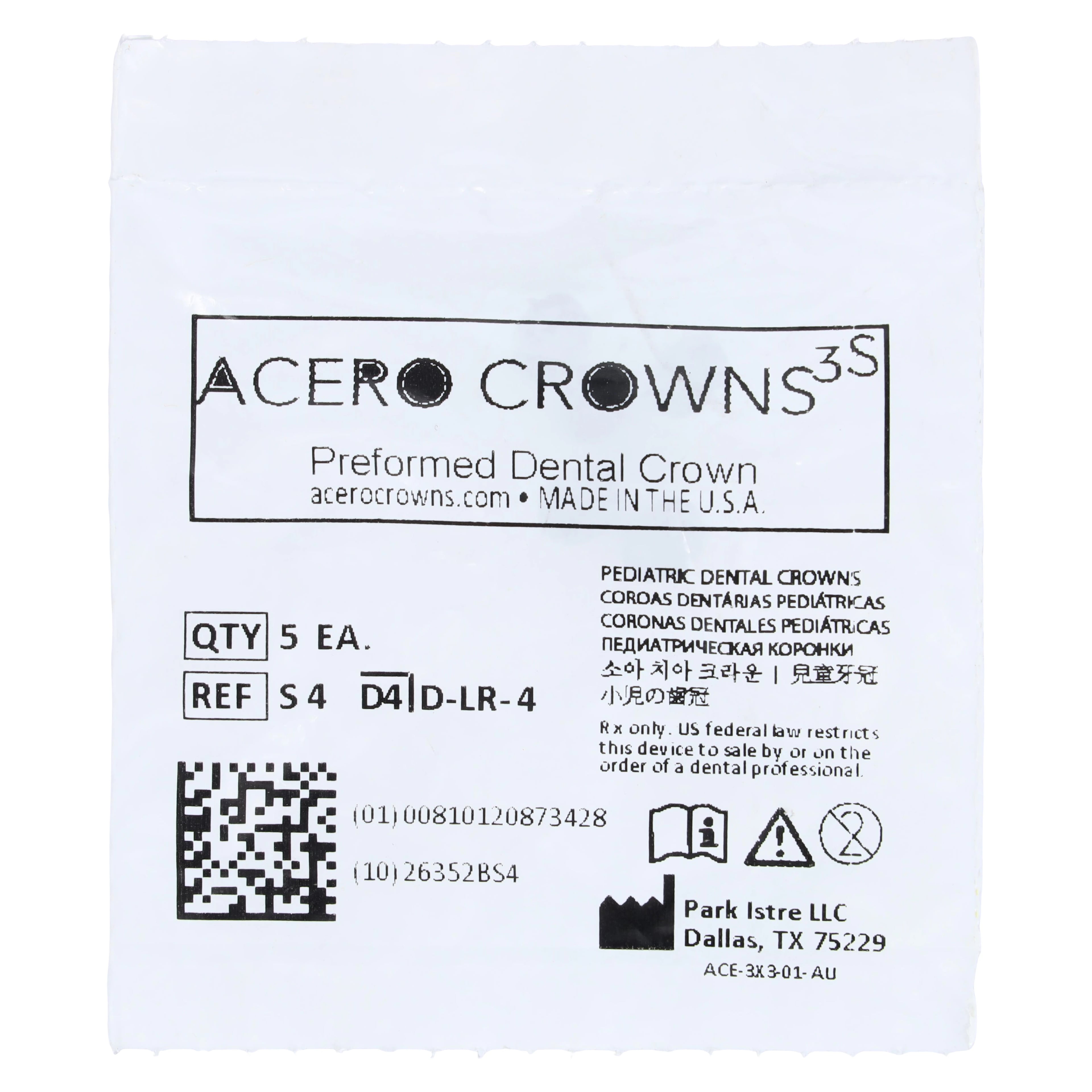 Acero 3S Stainless Steel Primary Molar Crown, Lower Right First Molar, Size 4, 5/Pack