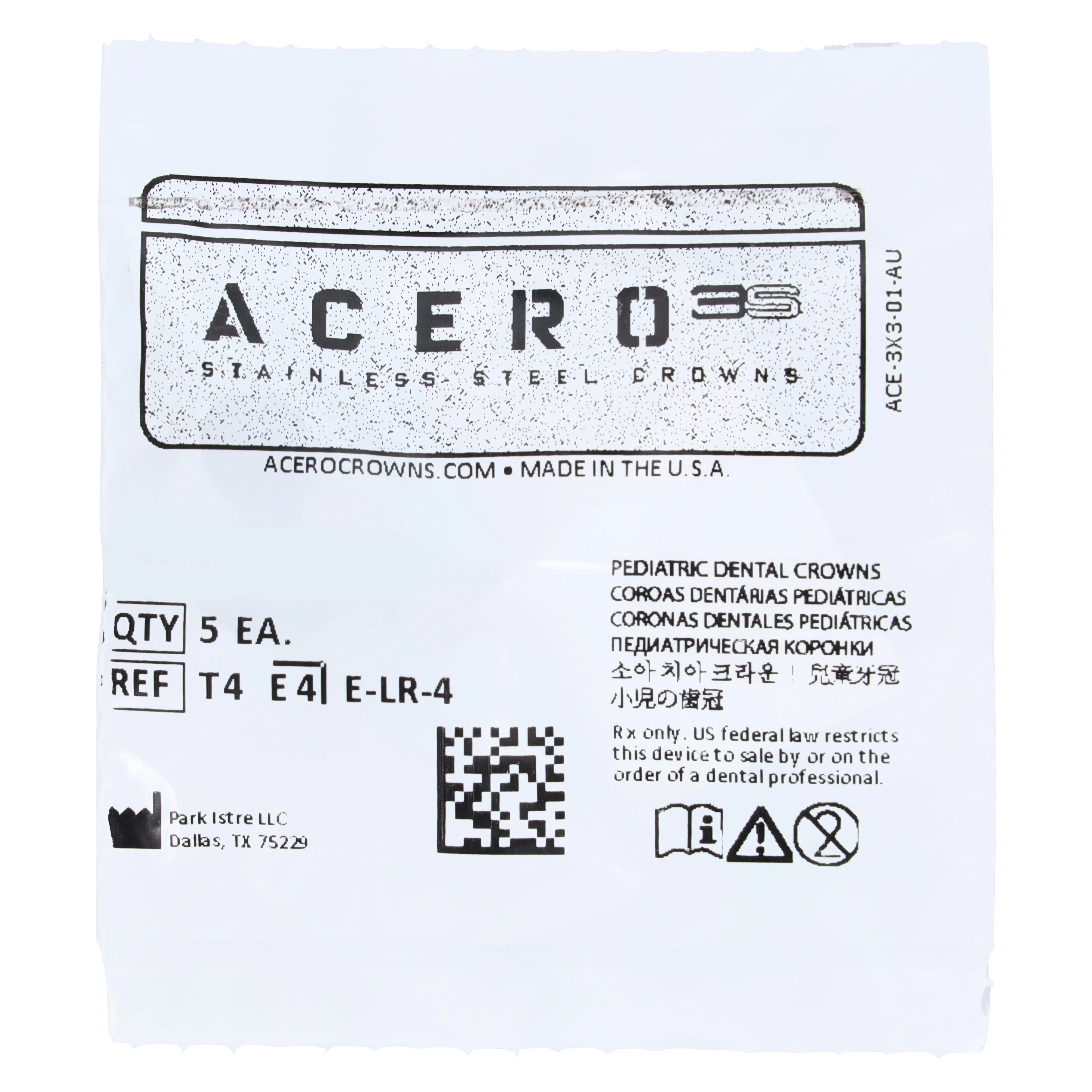 Acero 3S Stainless Steel Primary Molar Crown, Lower Right Second Molar "T", Size 4, 5/Pack