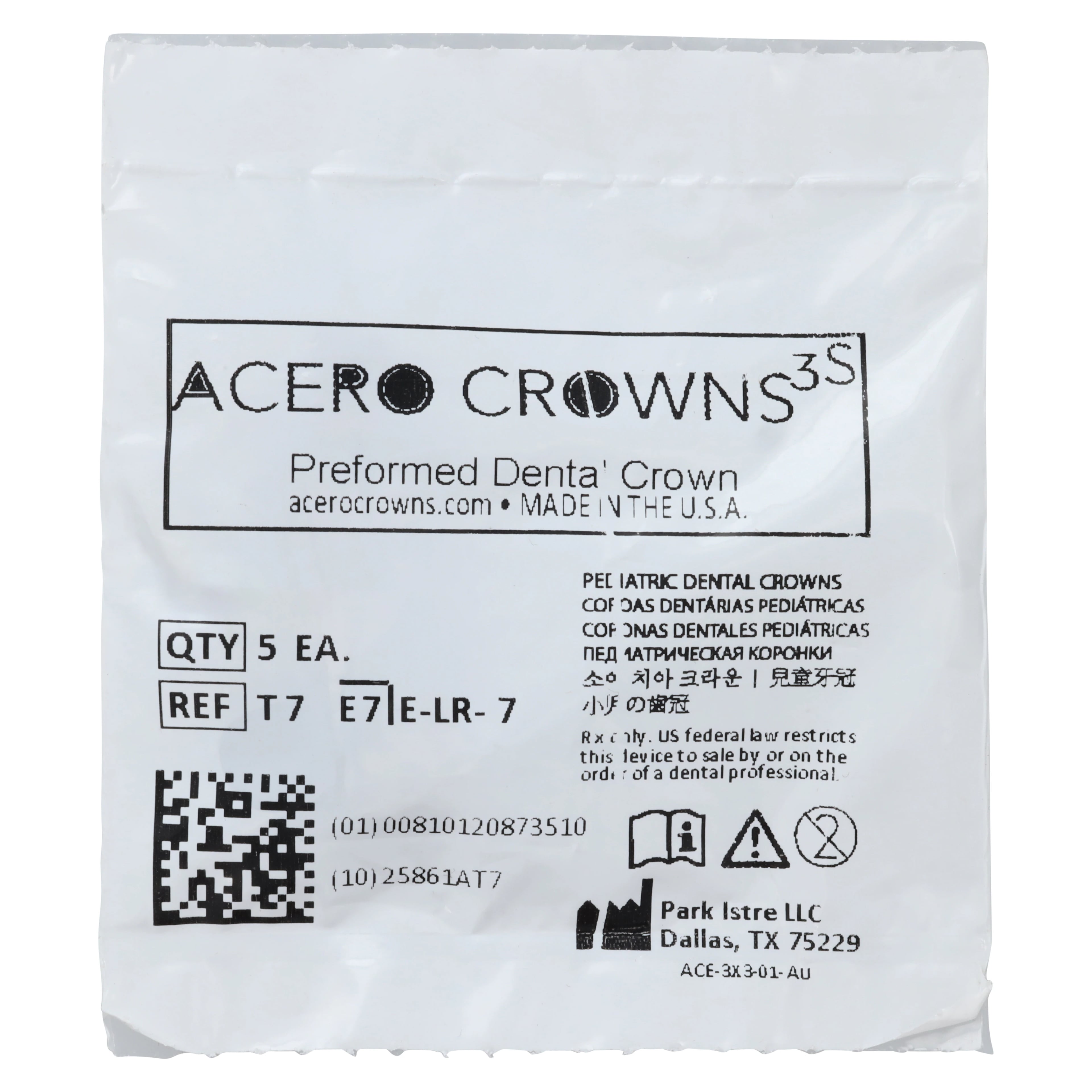 Acero 3S Stainless Steel Primary Molar Crown, Lower Right Second Molar (T), Size 7, 5/Pack