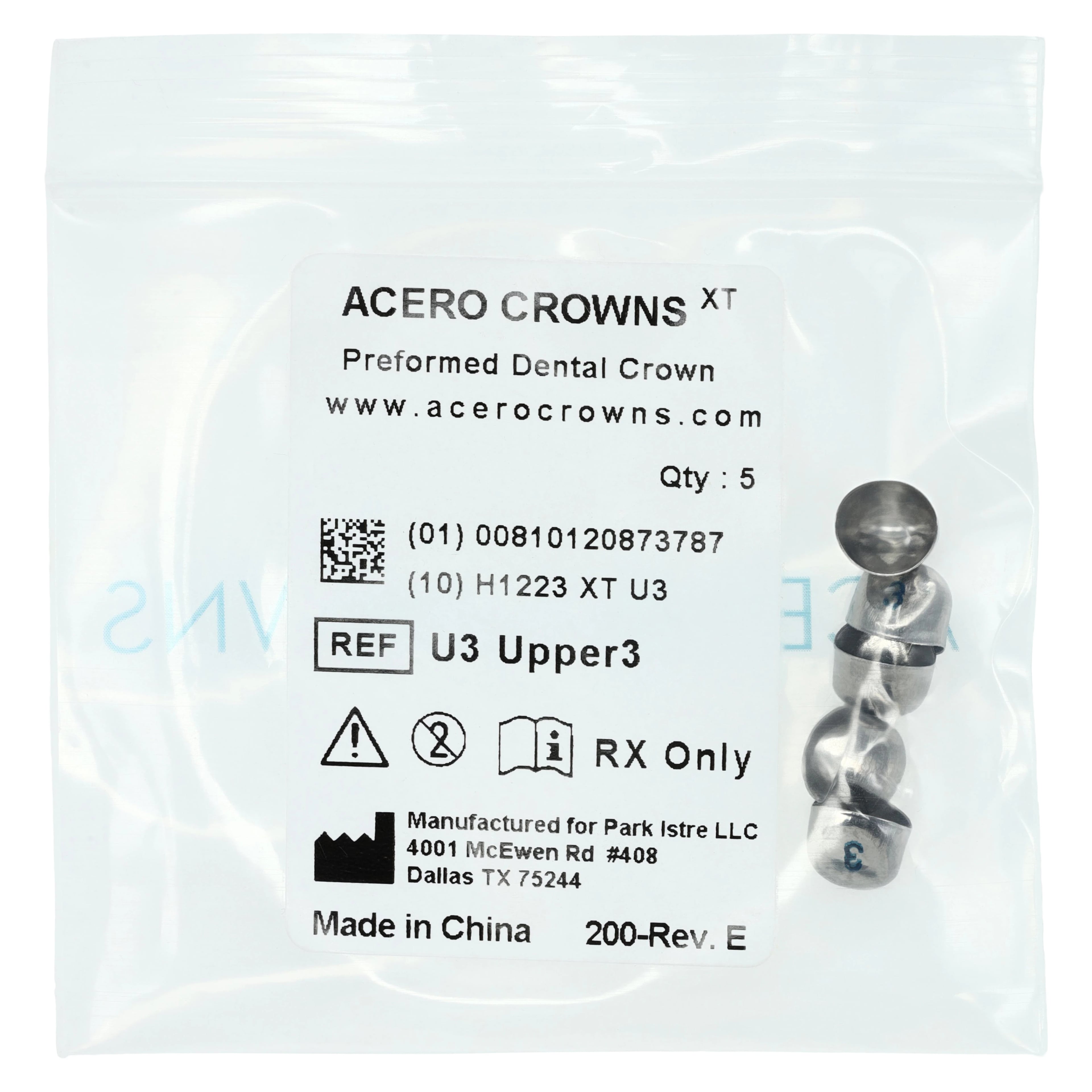 Acero XT Stainless Steel Primary Anterior Crown, Upper Canine, Size 3, 5/Pack (XT U3)