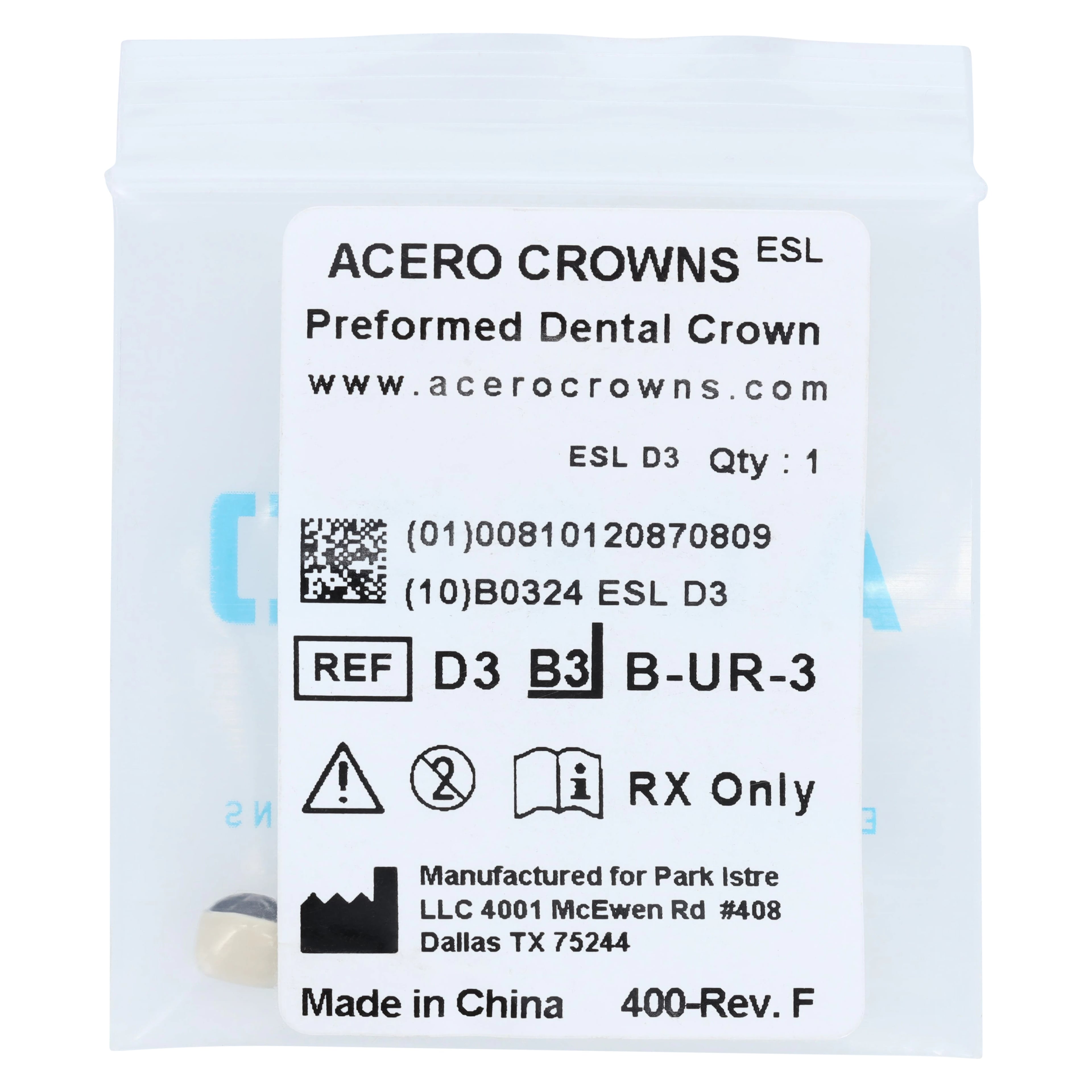 Acero Crowns ES Light White Anterior Crown, Upper Right Lateral, Size 3, UR3, 1/Bag