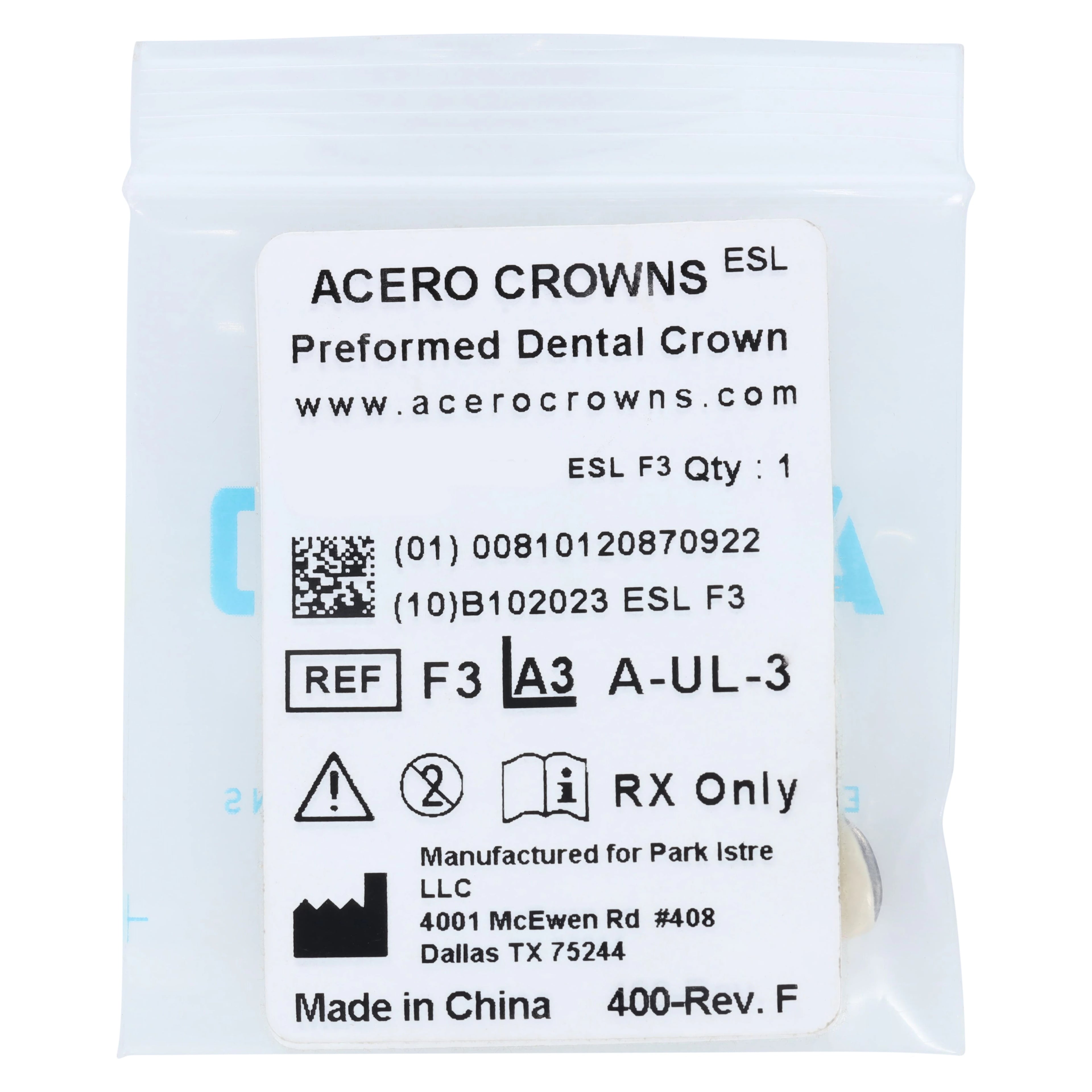 Acero Crowns ES Light White Anterior Crown, Upper Left Central, Size 3, 316L Stainless Steel, 1/Bag