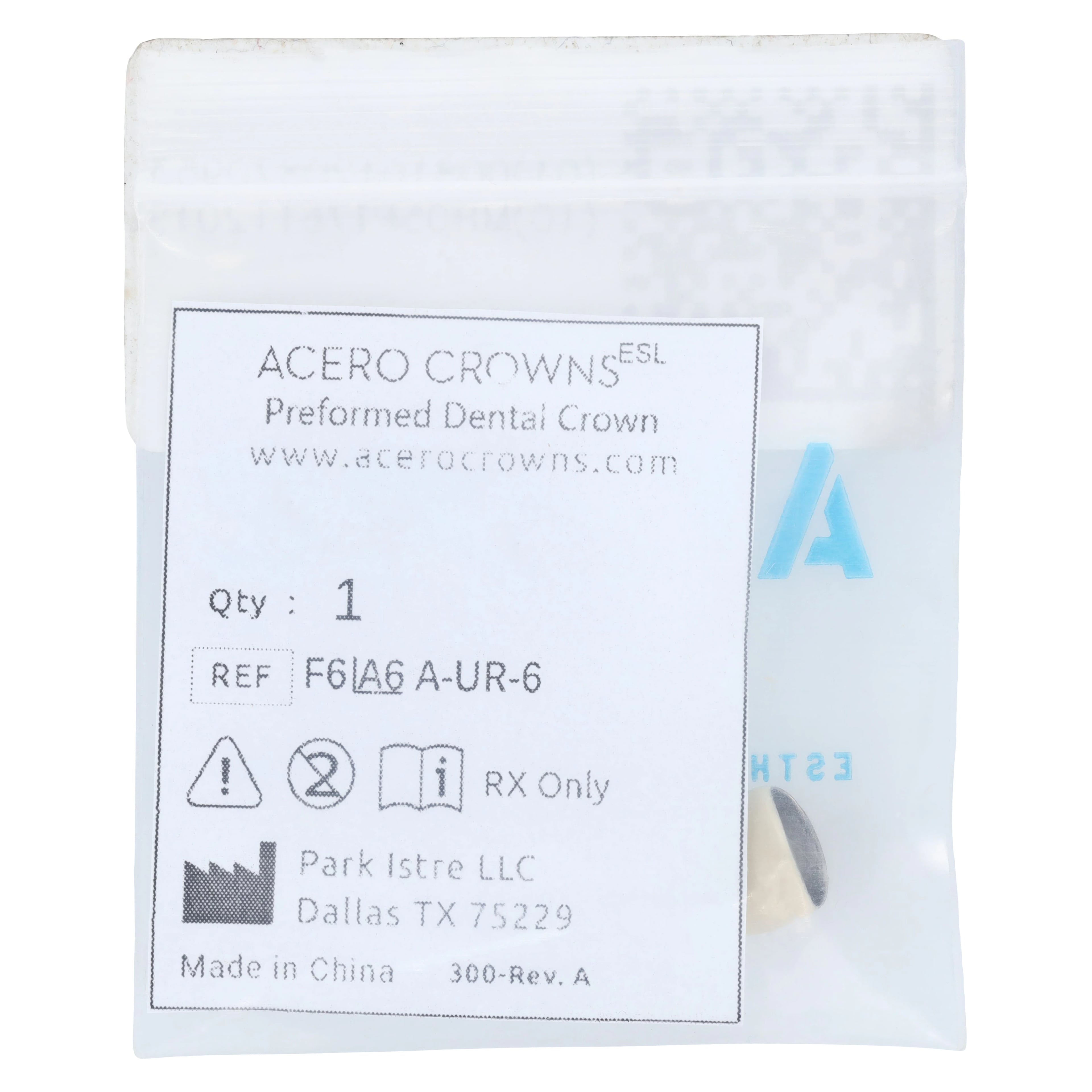 Acero Crowns ES Light White Anterior Crown, Upper Left Central, Size 6, 316L Stainless Steel, 1/Bag