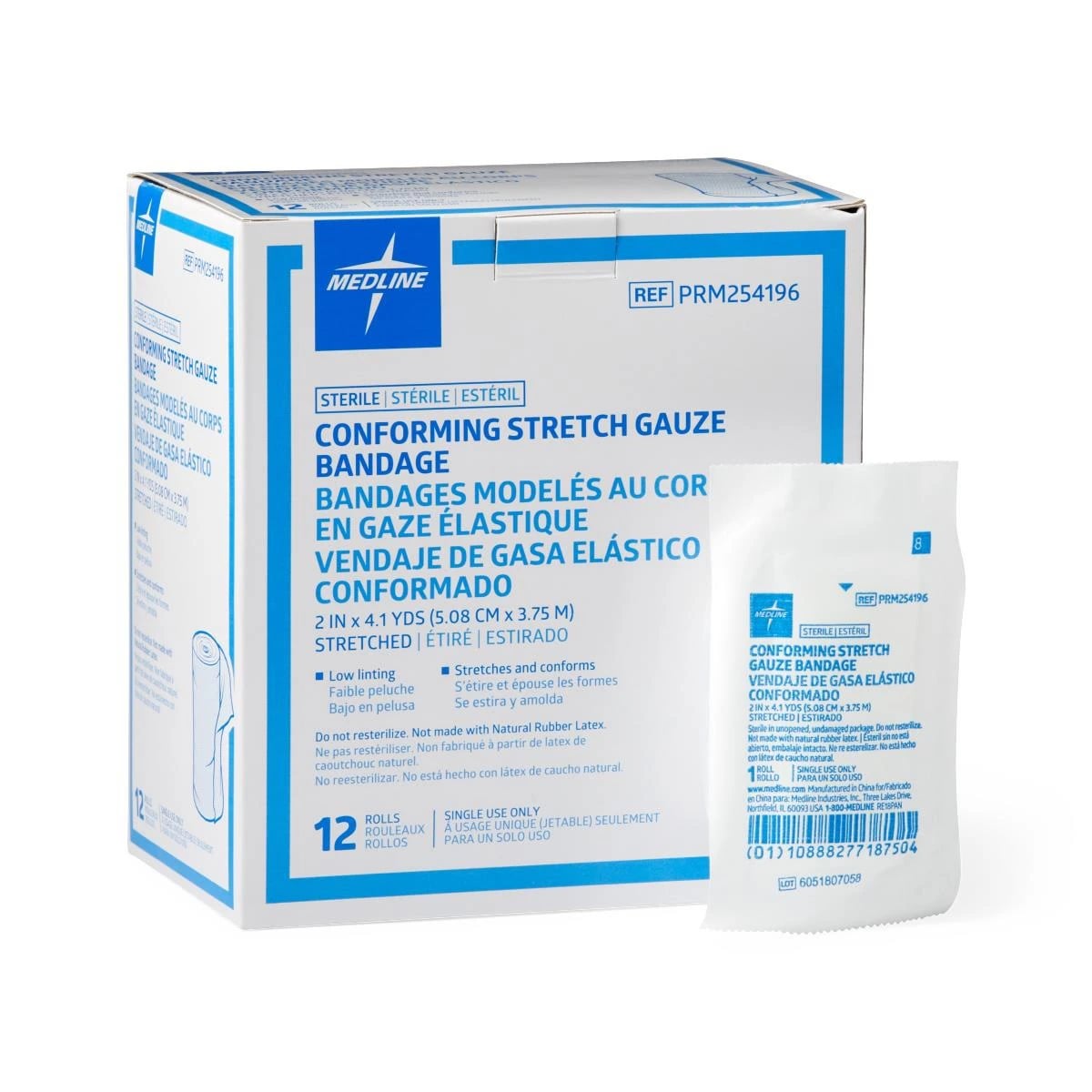 Medline Conforming Stretch Gauze Bandage, 1-Ply, Sterile, 2" x 4.1 yd, 96/Case