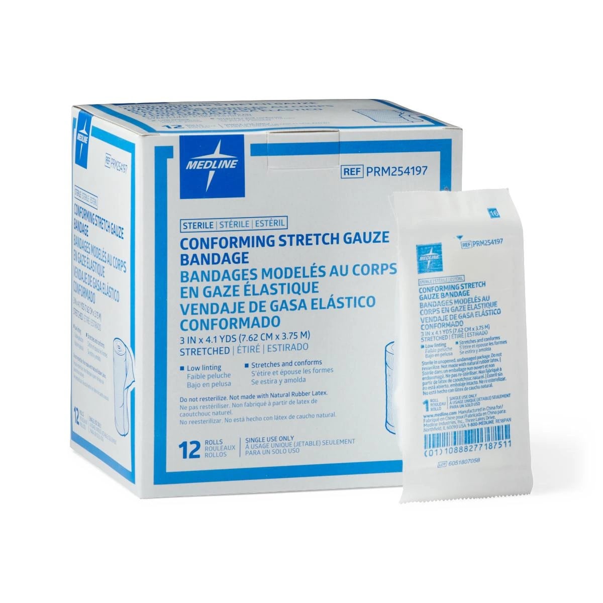 Medline Conforming Stretch Bandage, 1-Ply, Sterile, 3" x 4.1 yd, 96/Case