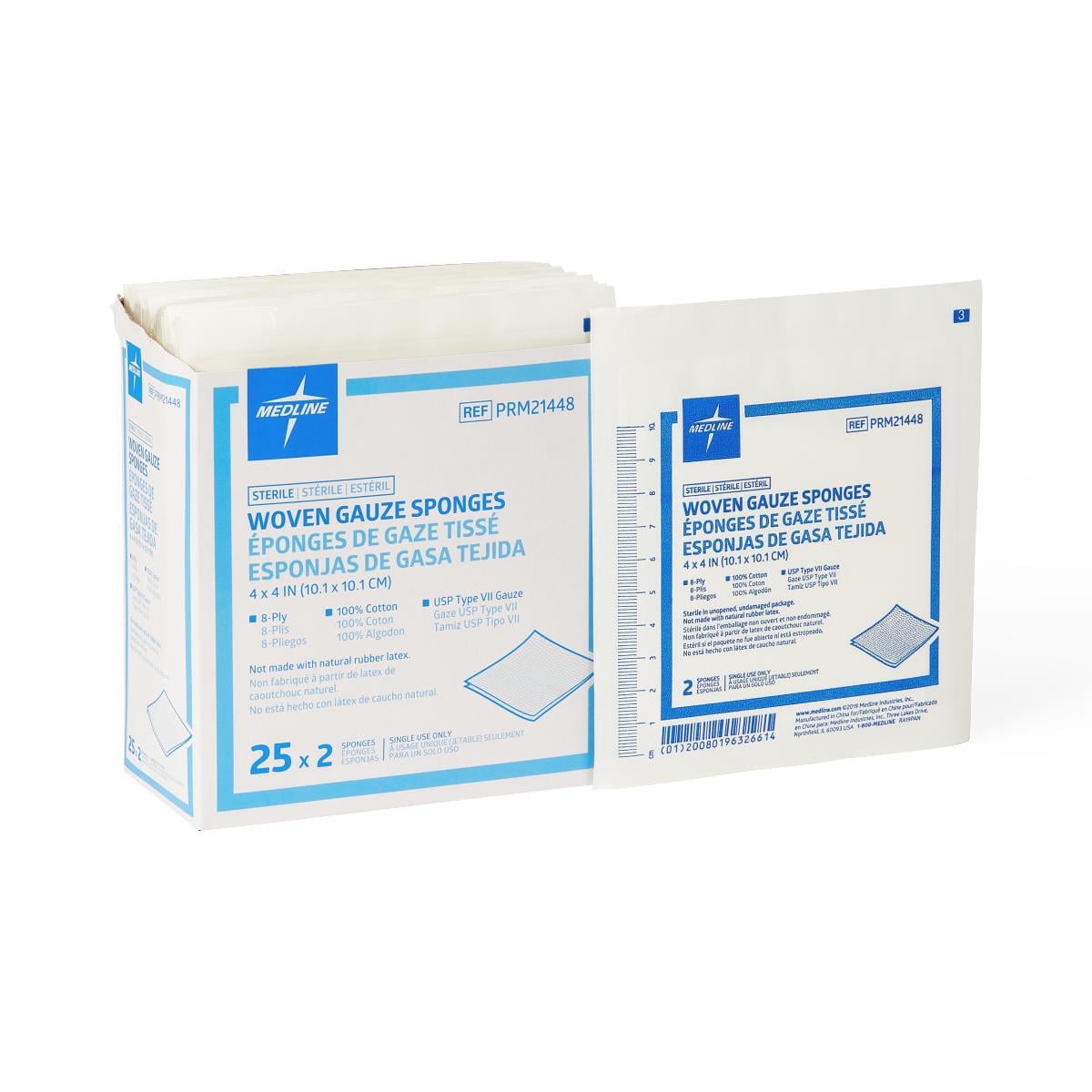 Medline Woven Cotton Sponge Gauze, 4x4 inch, 8-Ply, Sterile, USP Type VII, Latex-Free