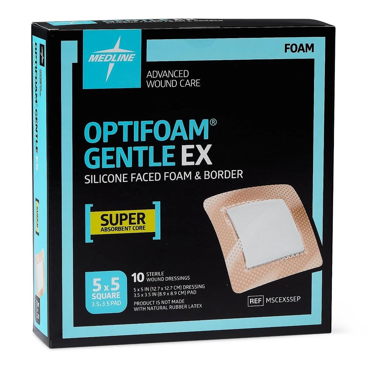 Medline Optifoam Gentle EX Foam Wound Dressing, 5" x 5", Sterile, Square, Latex-Free