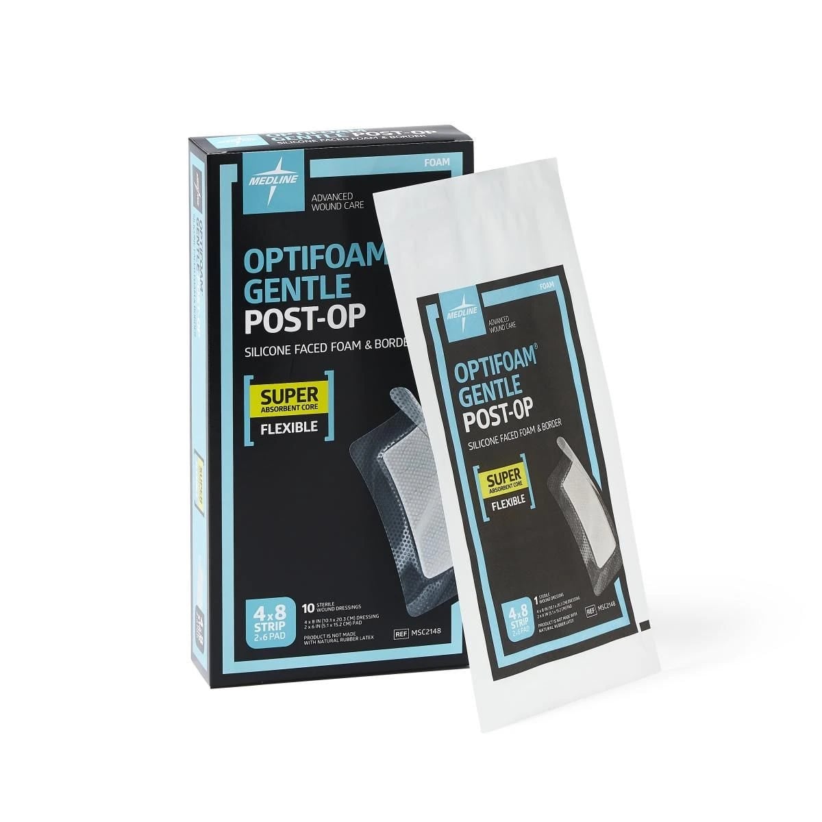 Medline Optifoam Gentle Silicone Foam Wound Dressing, Adhesive, 4" x 8", Latex-Free