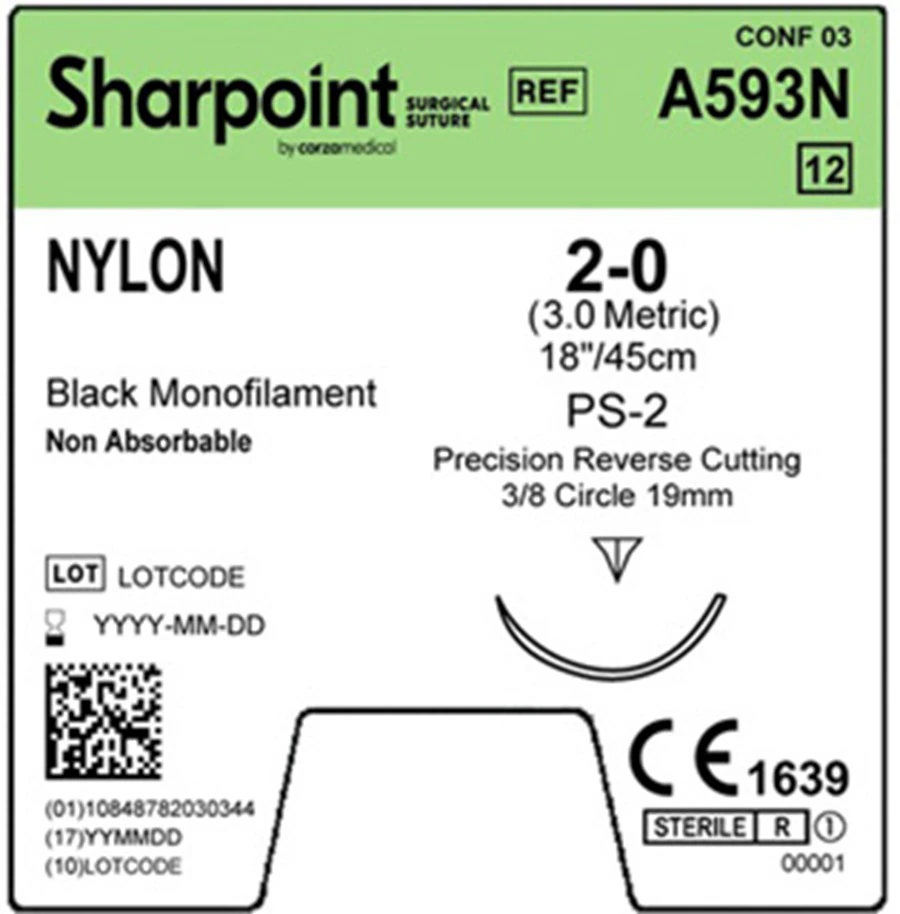 Sharpoint Suture Nylon 2-0, 18" Black, Non-Absorbable, PS-2 Precision Reverse Cutting 3/8 Circle Needle 19mm, 12/Box