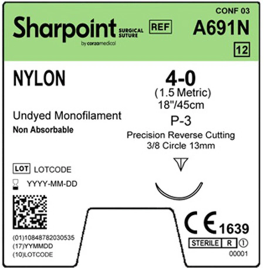 Sharpoint Nylon Suture, 4-0, 18" (45cm), Monofilament, Non-Absorbable, P3 Precision Reverse Cutting 3/8 Circle Needle 13mm, Undyed, 12/Box