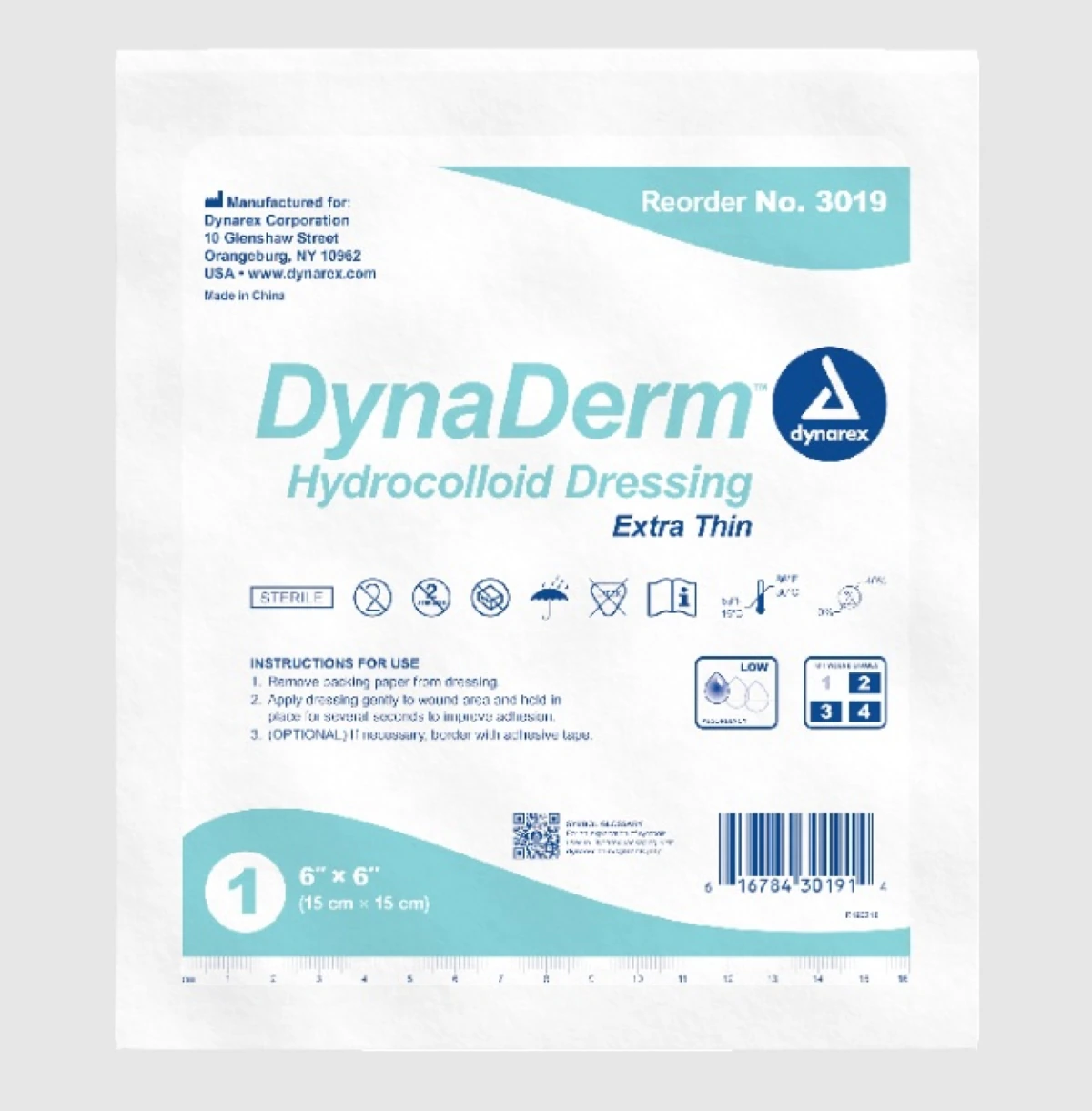 DynaDerm Hydrocolloid Skin & Wound Dressing, 6x6" Sterile Square, Extra Thin, Latex-Free