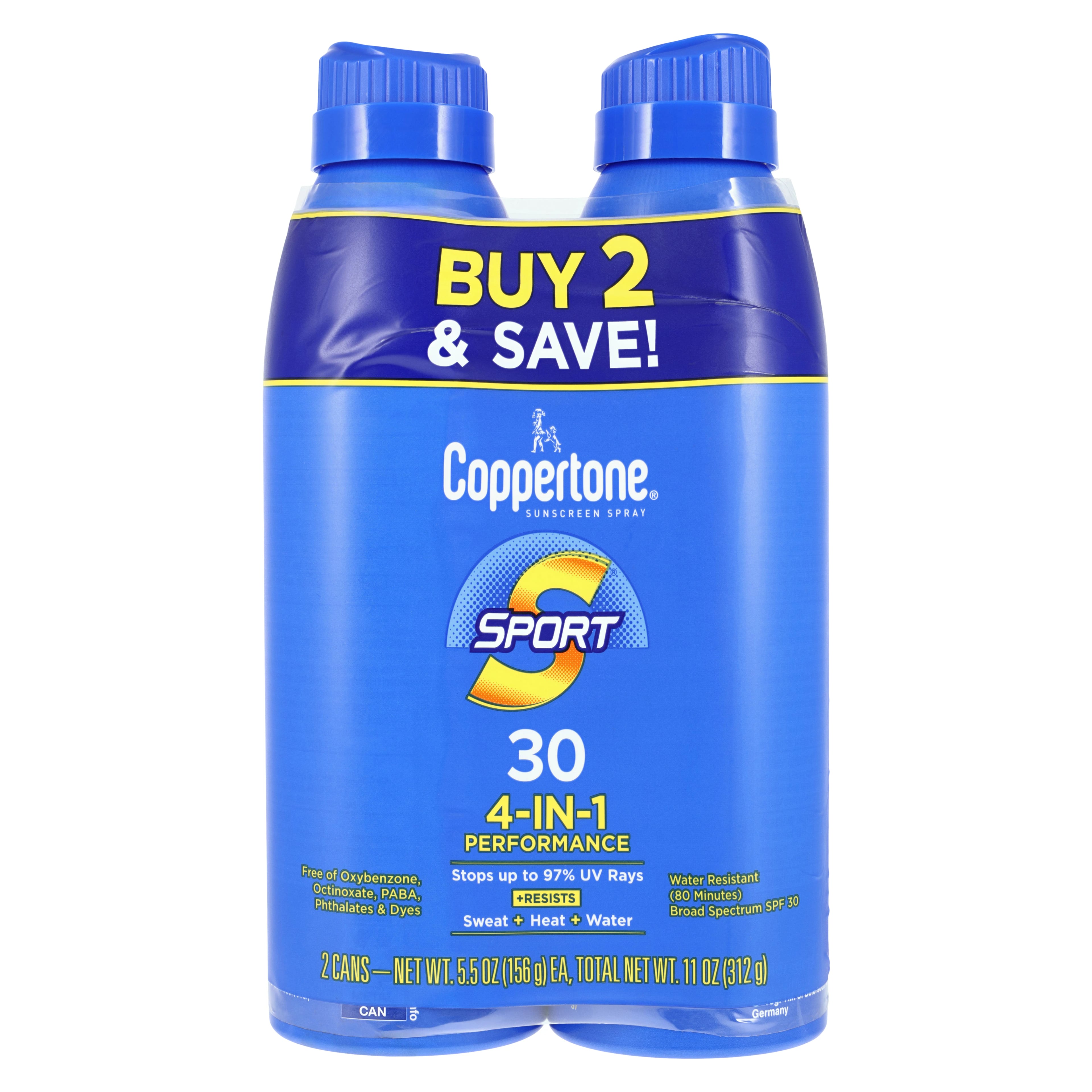 Coppertone Sport Sunscreen Spray, SPF 30, Twin Pack (2 Bottles)