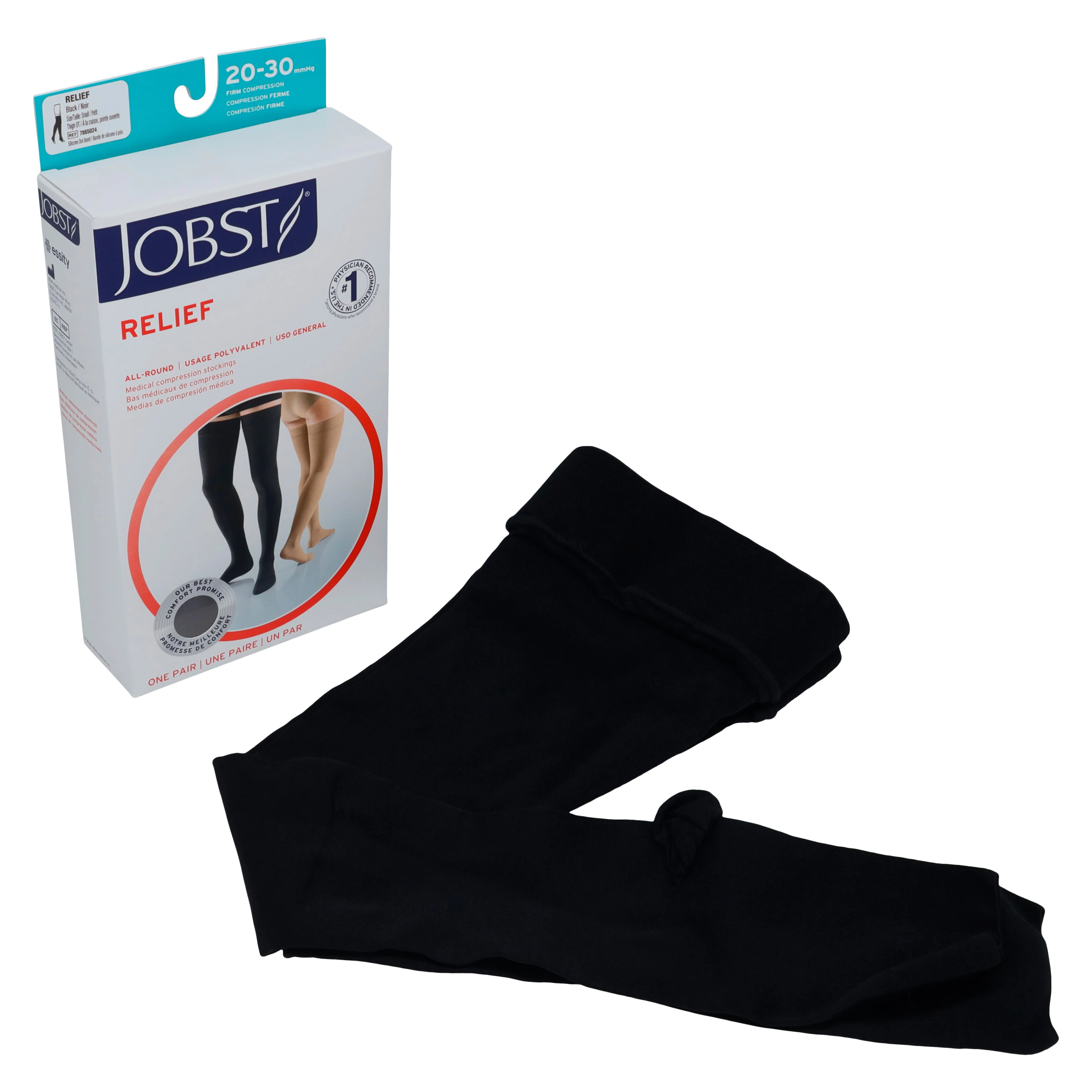 Jobst Relief Compression Stocking, Thigh High, Open Toe, Small, 20-30 mmHg, Black