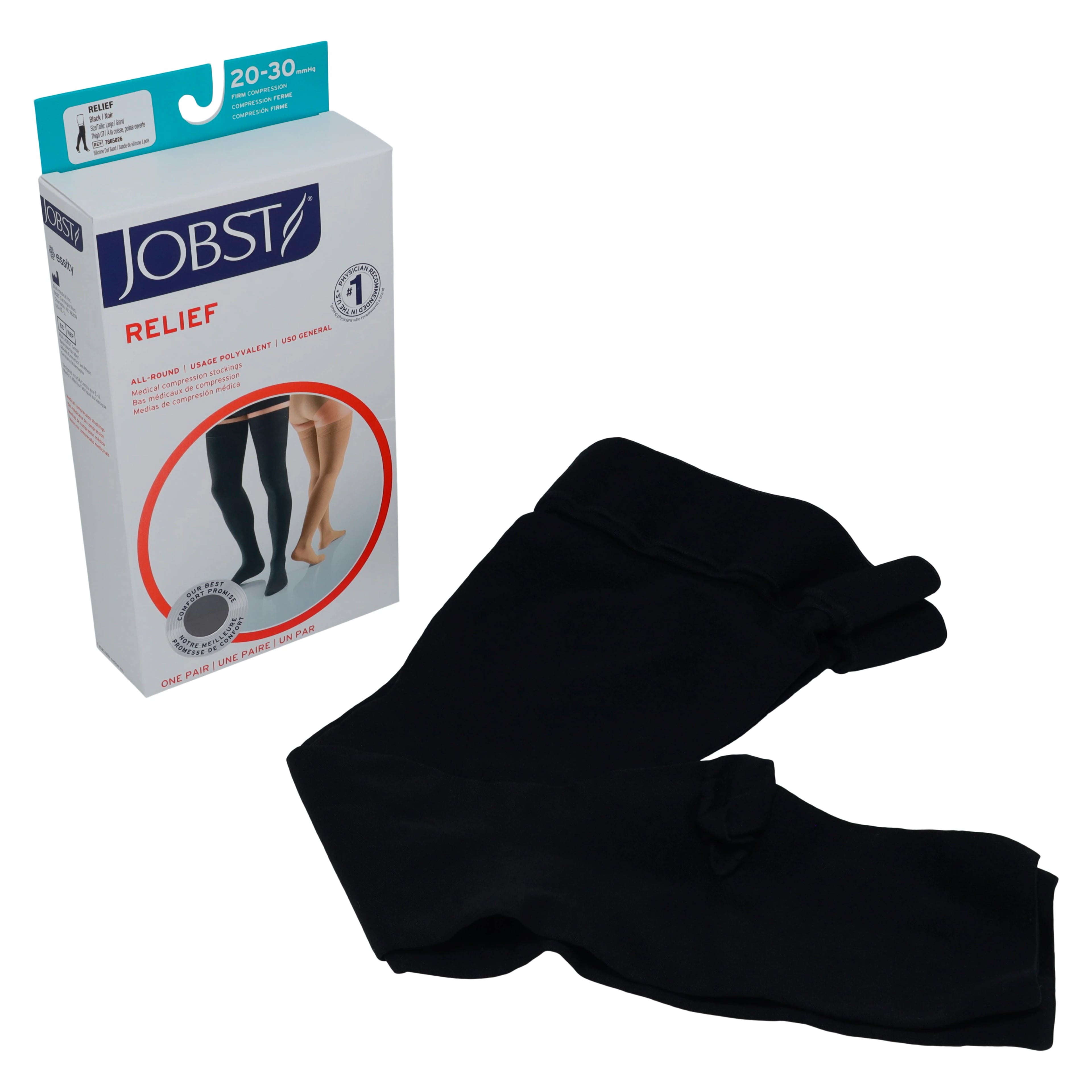 Jobst Relief Compression Stocking, Thigh High, Open Toe, Large, 20-30 mmHg, Black