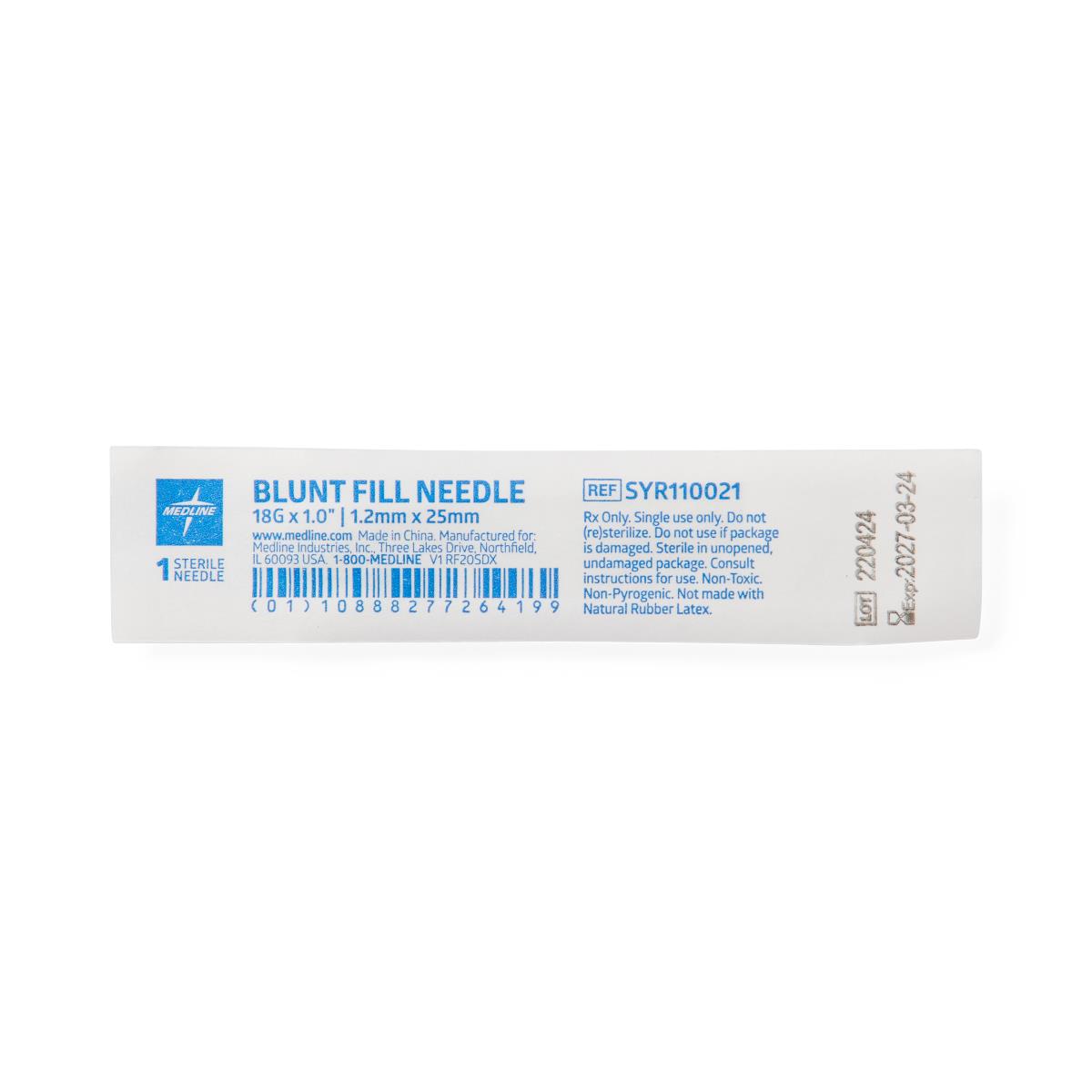 Medline Blunt Fill Needle, 18G x 1", Latex-Free, Disposable, 1000/Case