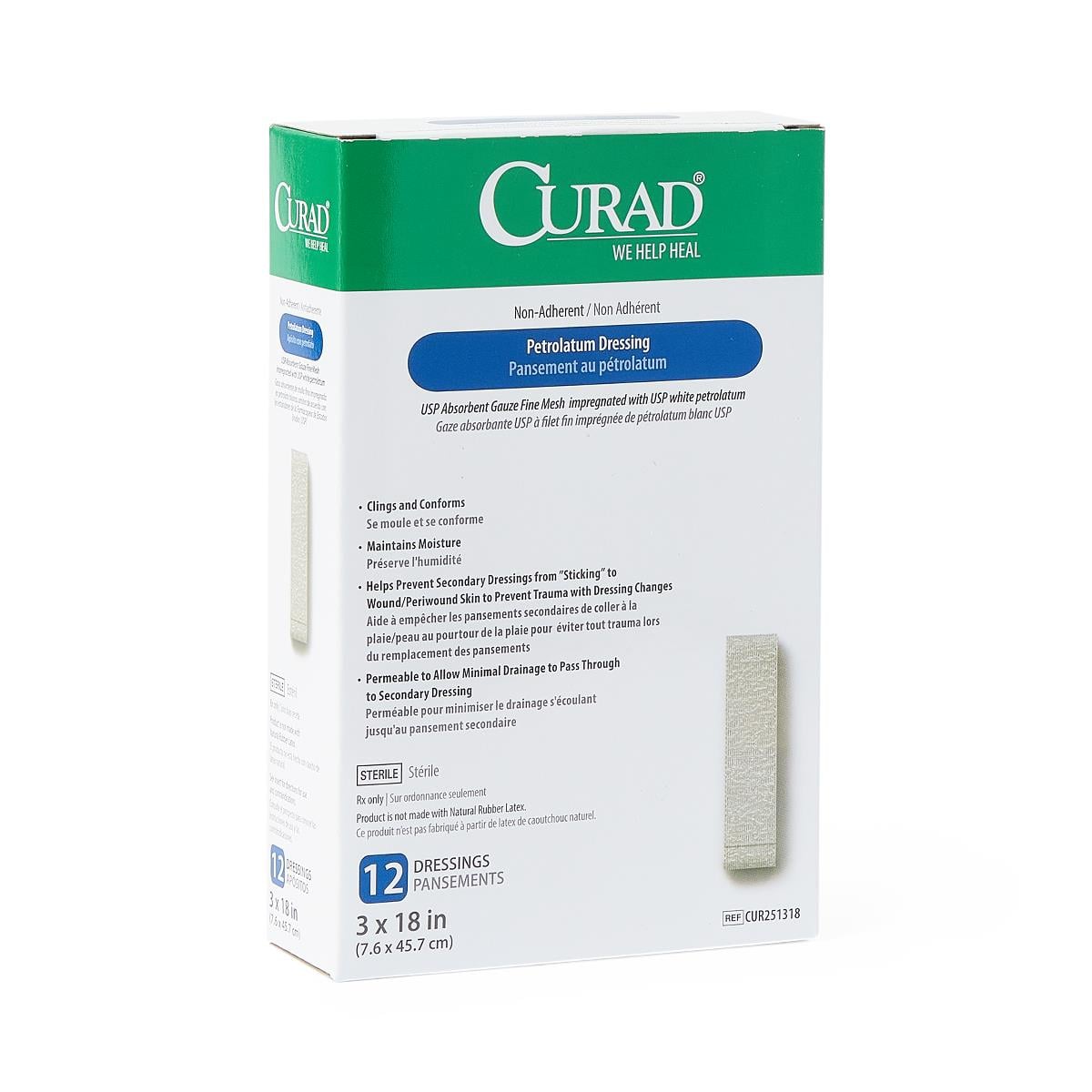 Curad Cotton/Petrolatum Gauze Dressing, Sterile, 3" x 18"