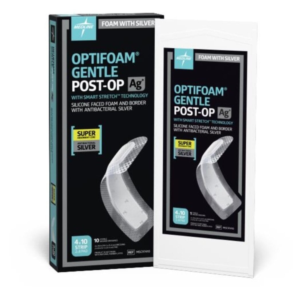 Medline Optifoam Gentle AG+ Silver Antimicrobial Foam Post-Op Dressing, 4" x 10", Sterile, Adhesive, Super Absorbent, Latex-Free