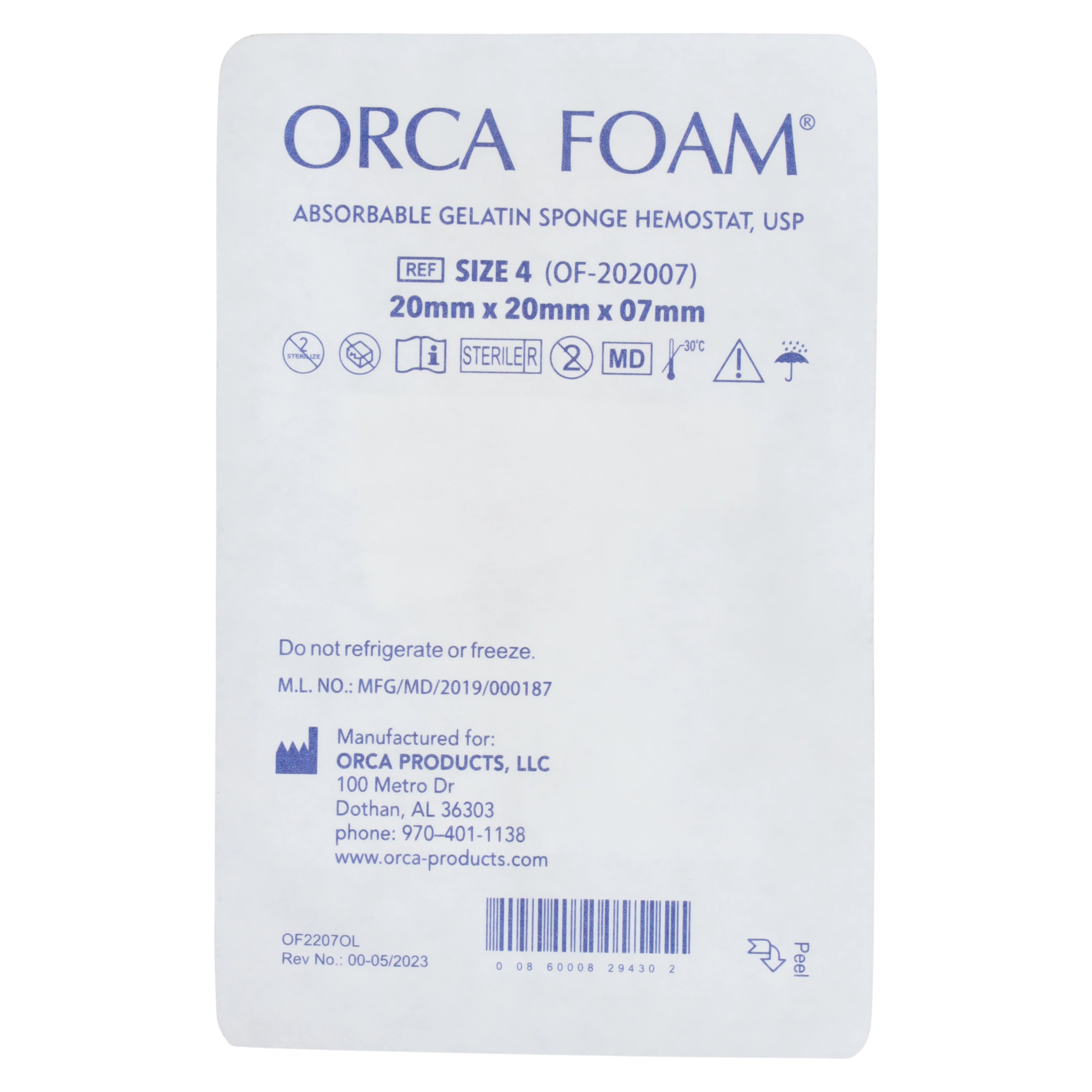 ORCA Foam Absorbable Gelatin Sponge Hemostat, Size 4, 20 mm x 20 mm x 7 mm, 20/Box, OF-202007
