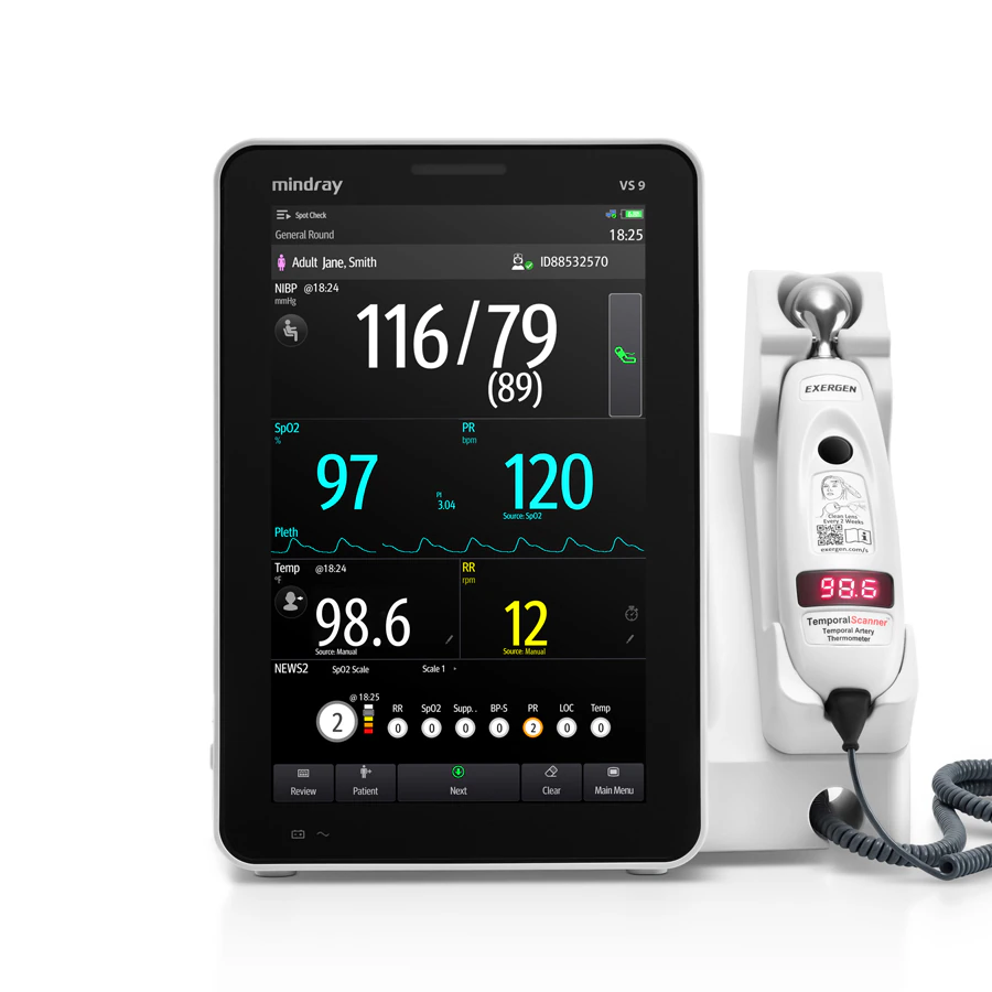Mindray VS9 Vital Signs Monitor with NIBP, Masimo SpO2, and Exergen Temporal Temperature