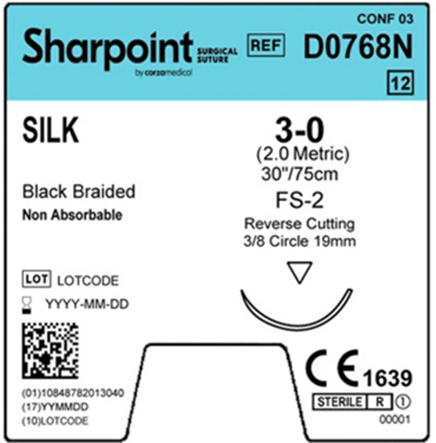 Sharpoint Silk Suture, Braided, 3-0, 30" (75cm), Non-Absorbable, FS-2 Reverse Cutting 3/8 Circle Needle 19mm, Black, 12/Box