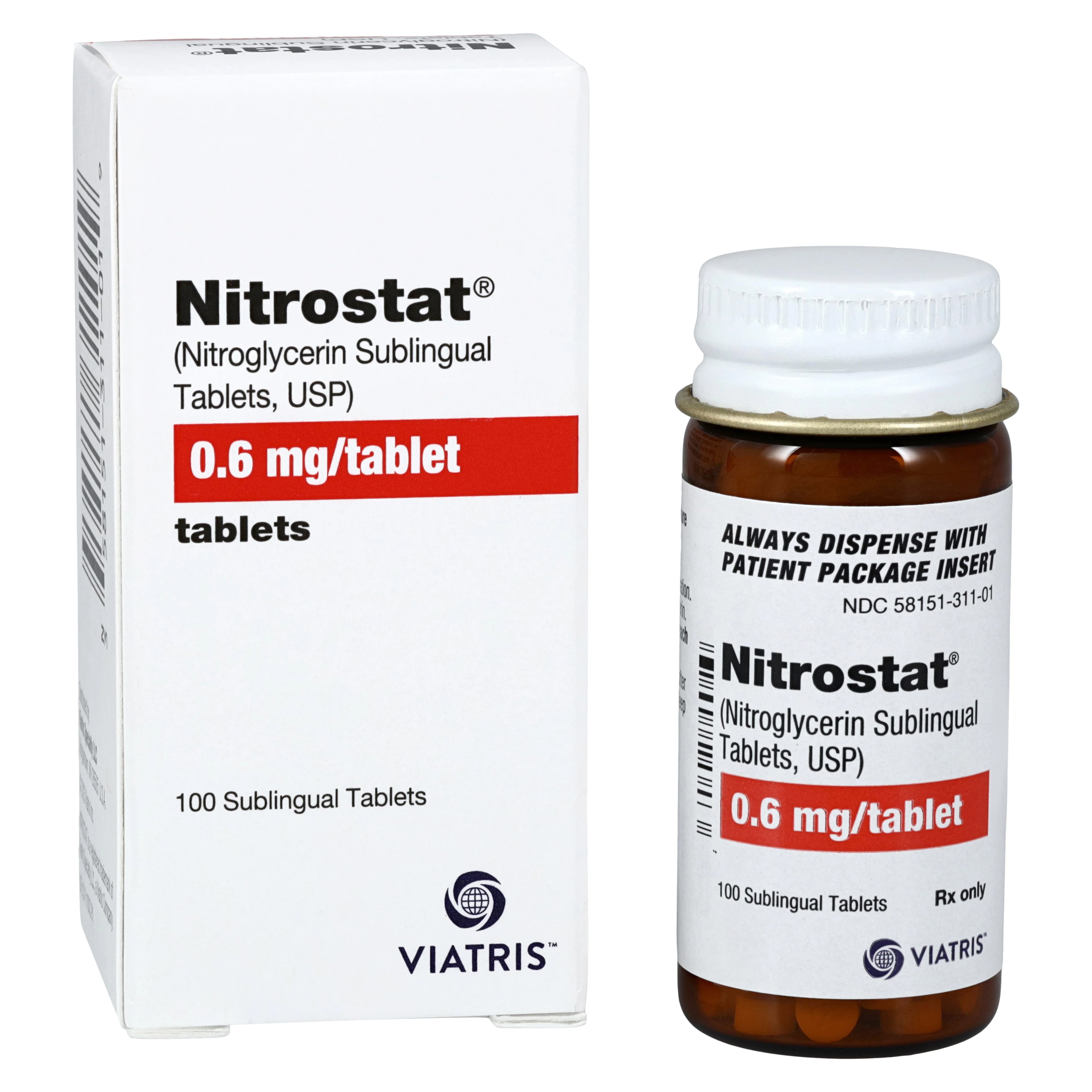 Nitrostat Sublingual Tablets, 0.6mg, 100/Bottle