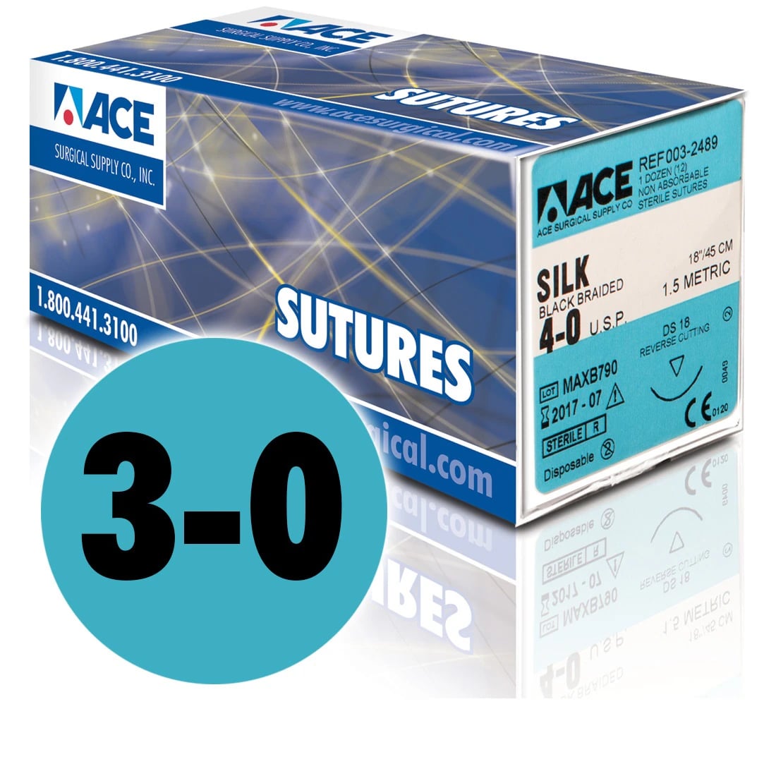 Ace Southern Suture Silk Braided, 3-0, 18", Non-Absorbable, HS-24 Reverse Cutting, 1/2 Circle, 24mm, Black, 12/Box