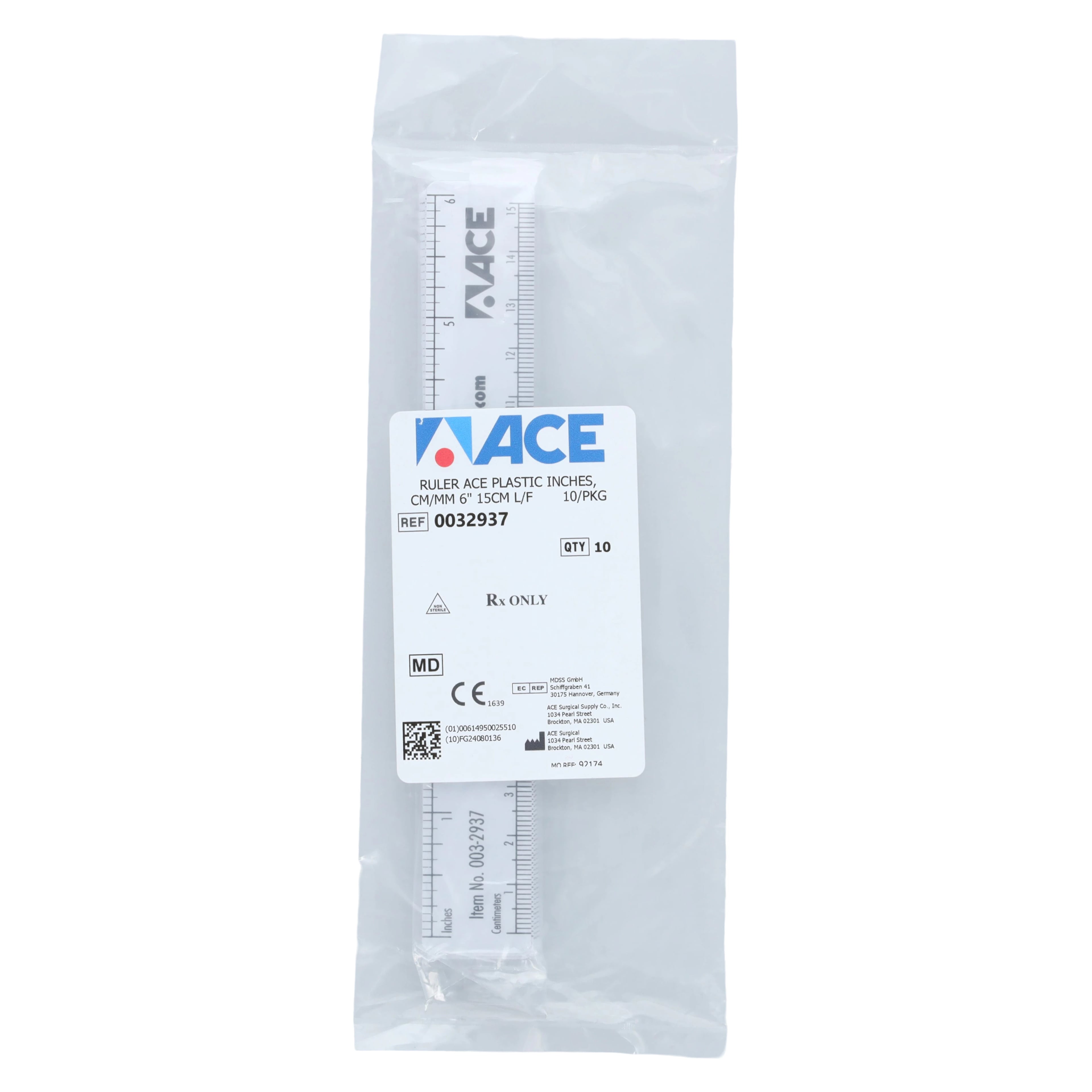 Ace Surgical Plastic Ruler, Inches/Centimeters, 6", Non-Sterile, Disposable, 10/Pack