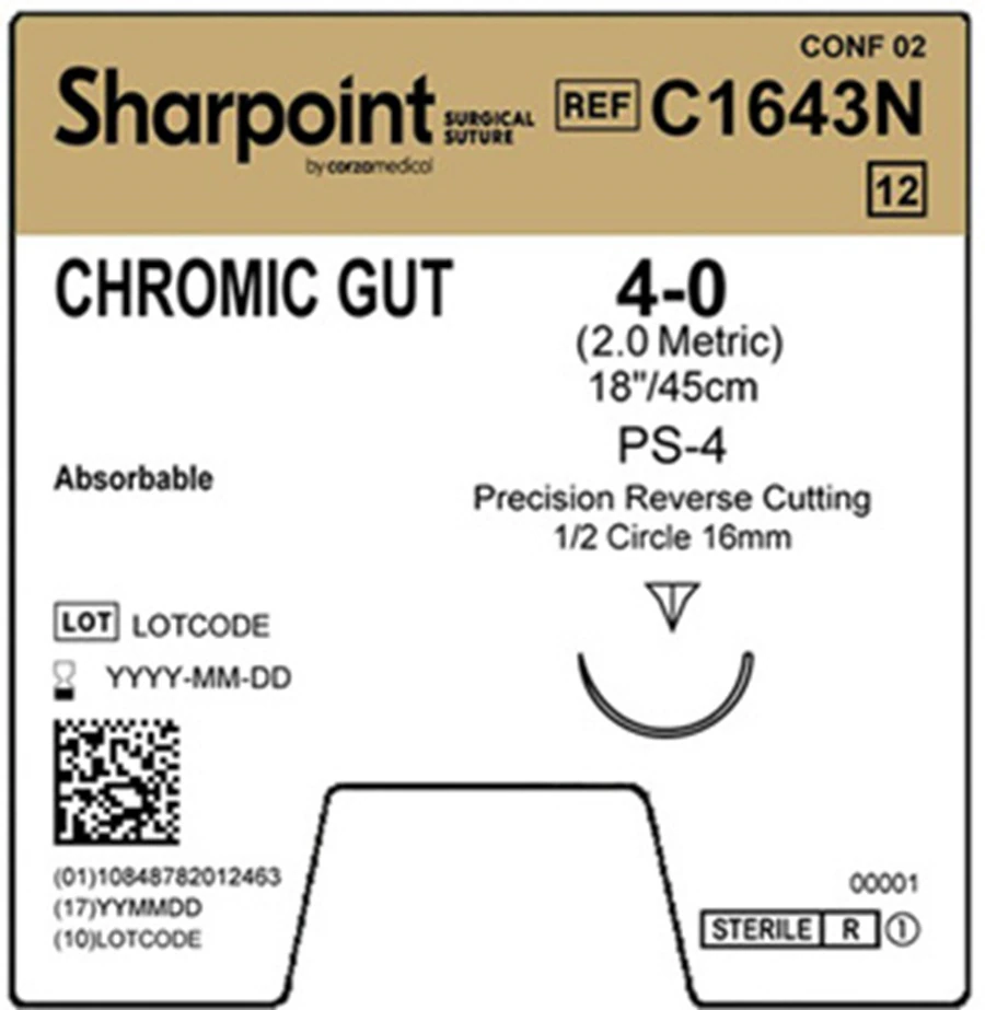 Sharpoint Plus Chromic Gut Suture, 4-0, 18" (45cm), PS-4 Precision Reverse Cutting Needle, 1/2 Circle, 16mm, Natural, 12/Box